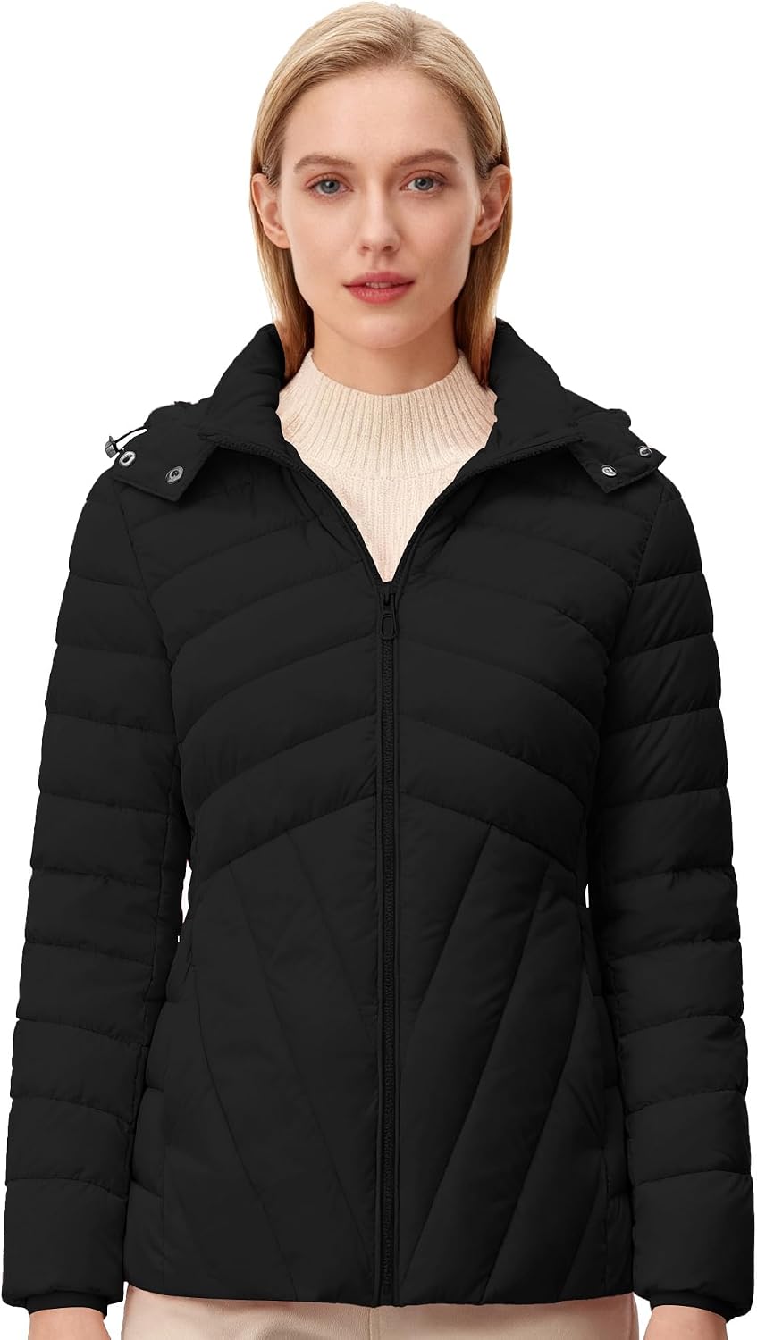 Women's Short Quilted Down Coat Detachable Hood Black