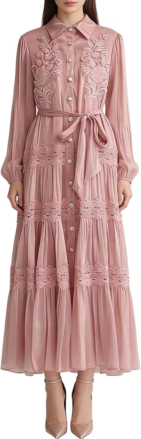 Women's Floral Embroidered Maxi Dress Lapel Long Sleeve Pink