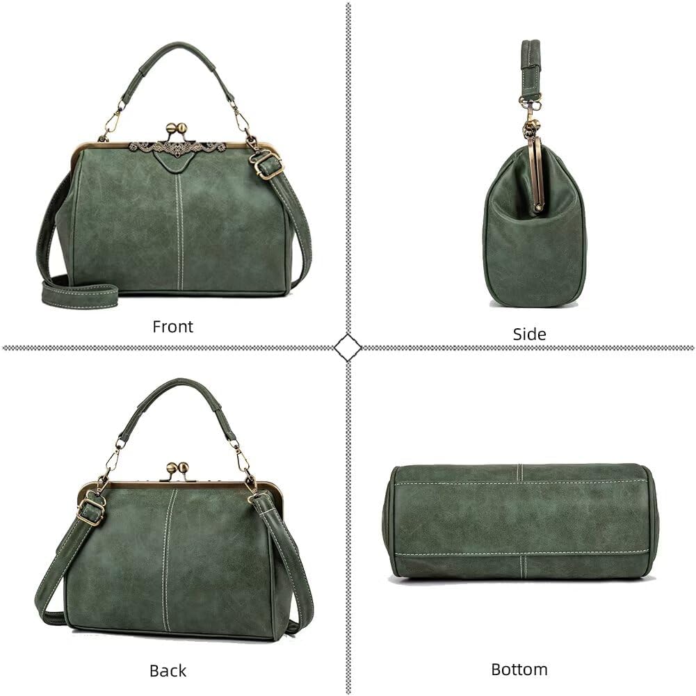 Women's Vintage Kiss Lock Top Handle Satchel Bag Green