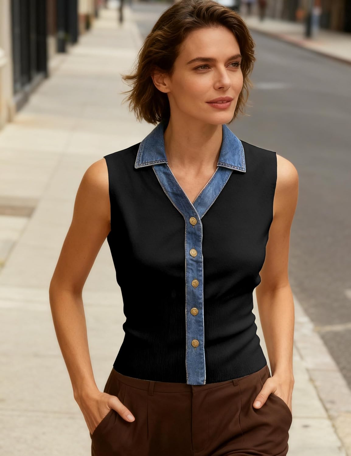 Women's Denim Trim Button Down Sweater Vest