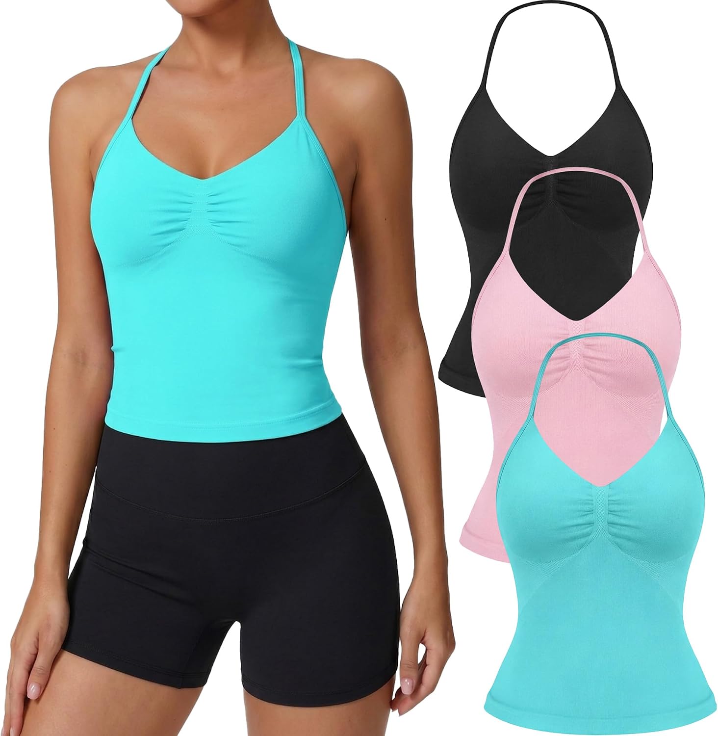 Women's Halter Padded Workout Cami 3 Pack V Neck