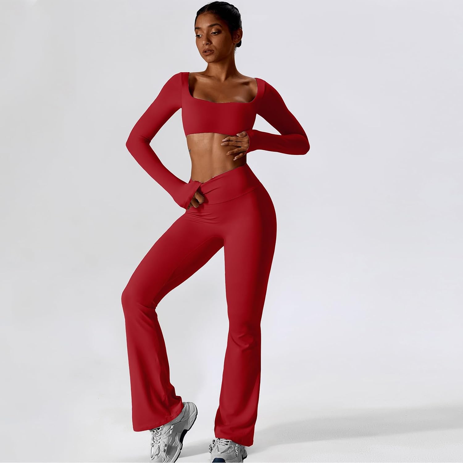 Women's Square Neck Crop Top Flare Leggings Set Red Women's Square Neck Crop Top Flare Leggings Set Red