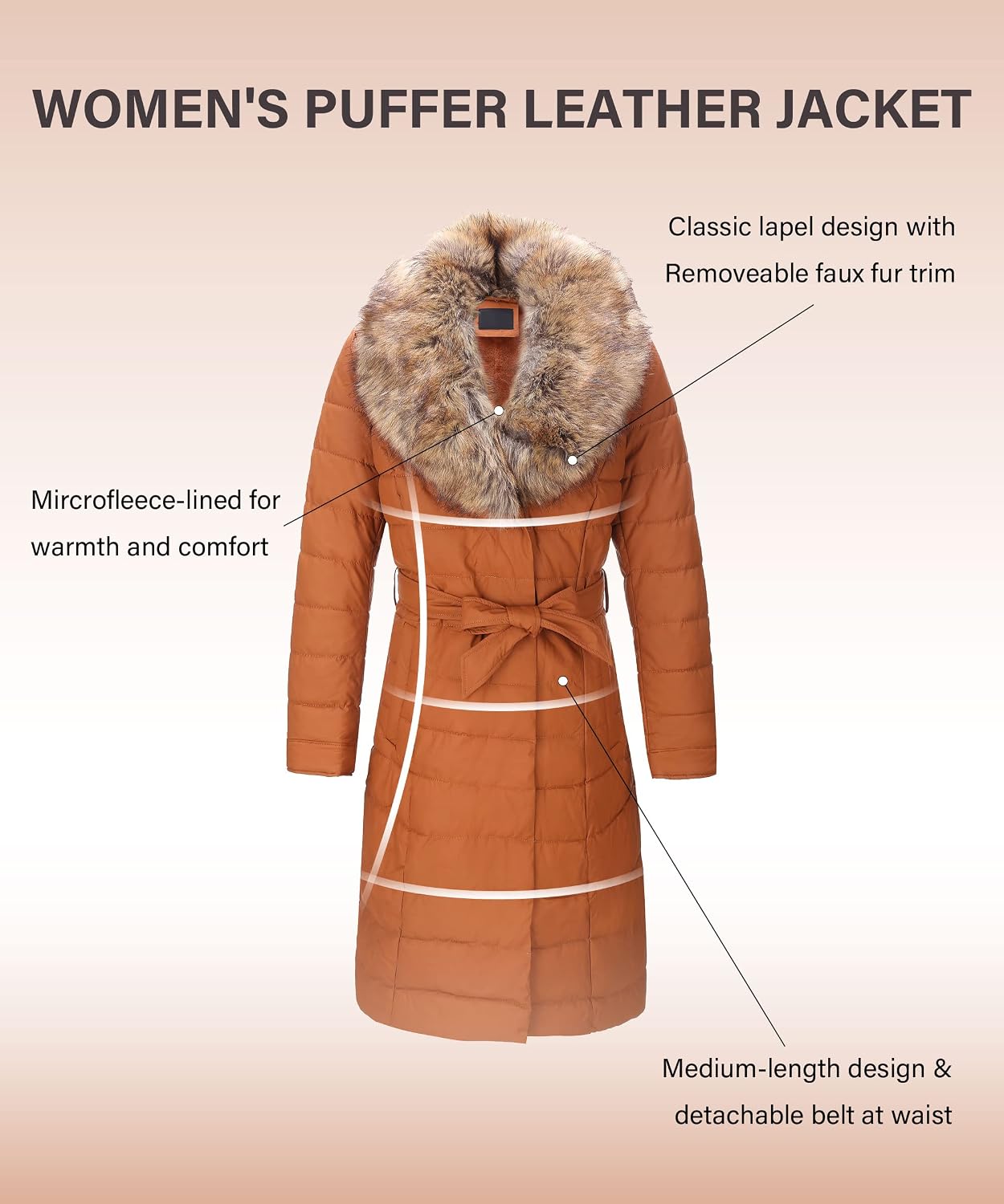 Women's Long Belted Puffer Coat Faux Fur Collar Camel