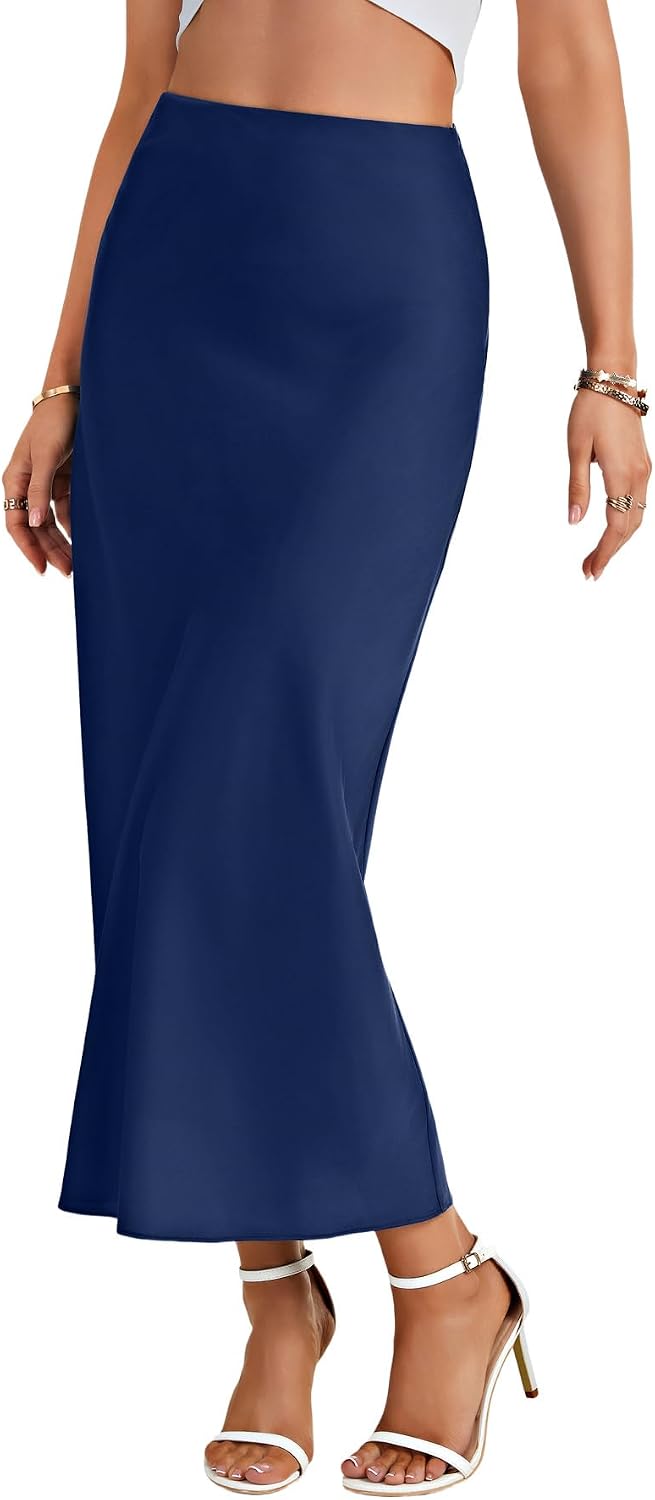 Women's Satin Silky Midi Skirt Elastic Waist Navy