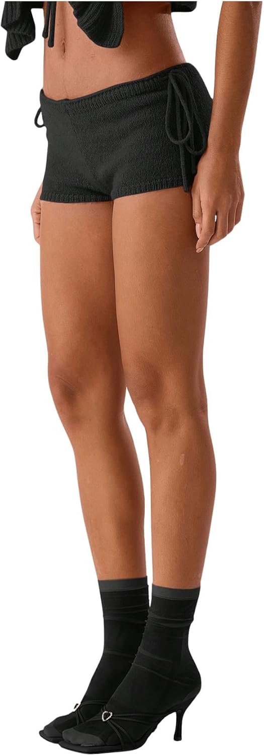 Women's Tie Side Knit Micro Shorts Black