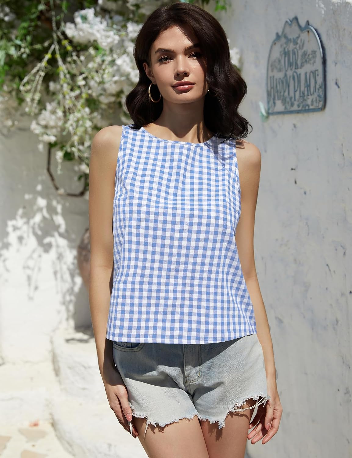Women's Gingham Print Crew Neck Tank Top Blue