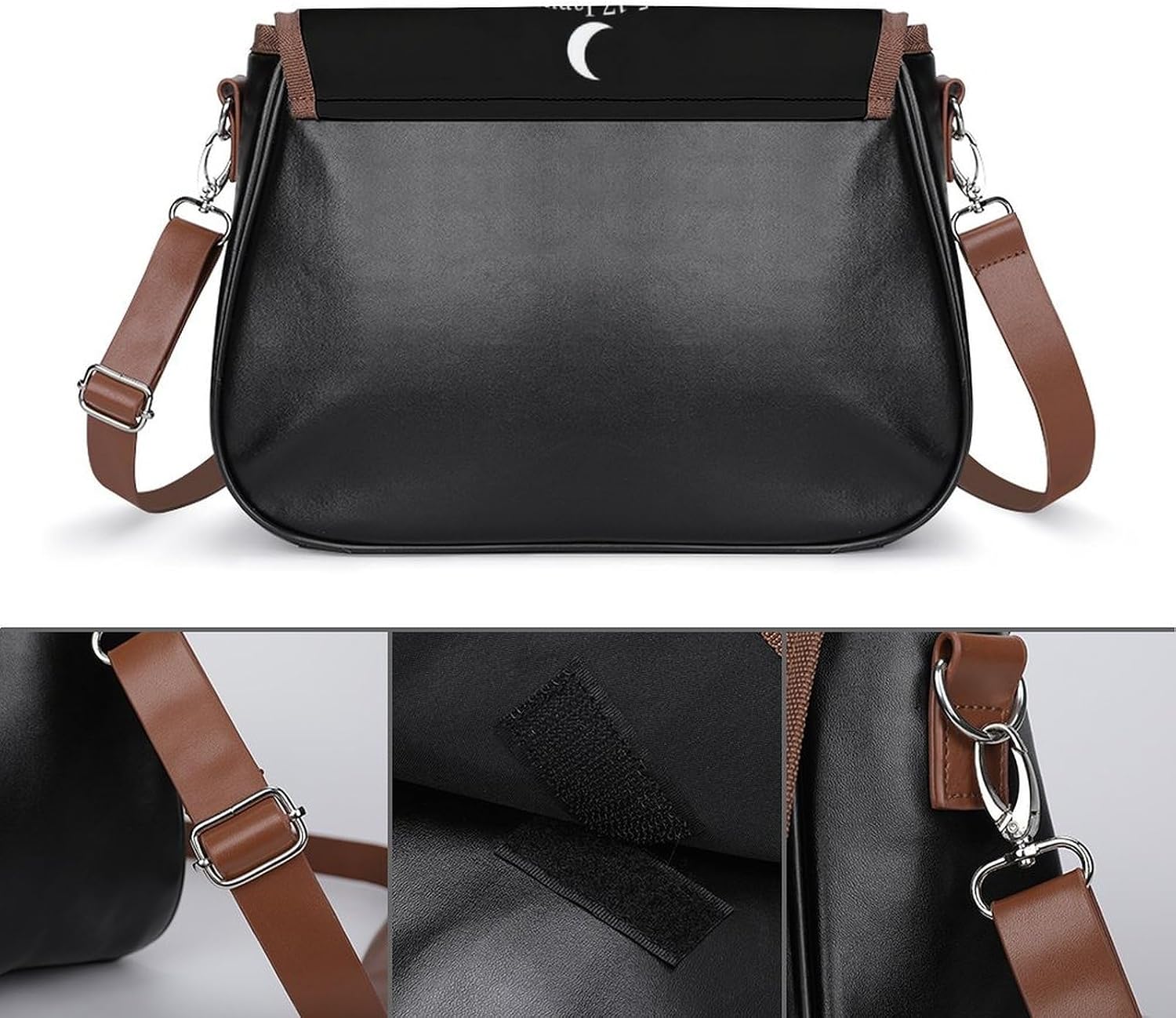 Women's Moon Phase Print Flap Crossbody Shoulder Bag Black