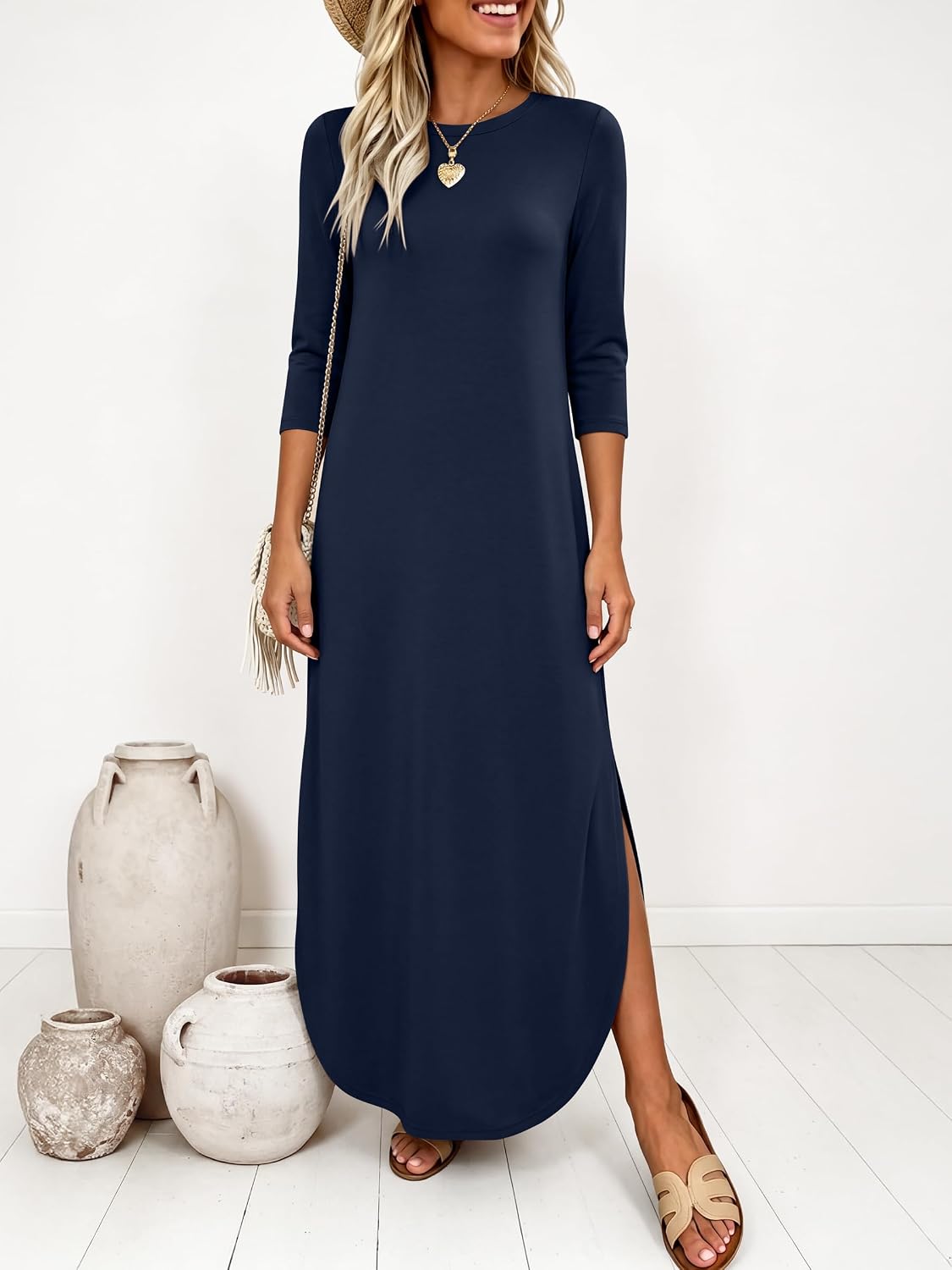 Women\u2019s 3-Quarter Sleeve Maxi Dress Pockets Soft Wrinkle Resistance Fabric Casual Loose Crewneck Split Travel Vacation Work All-Day Wear Fall Spring Transition Outfits