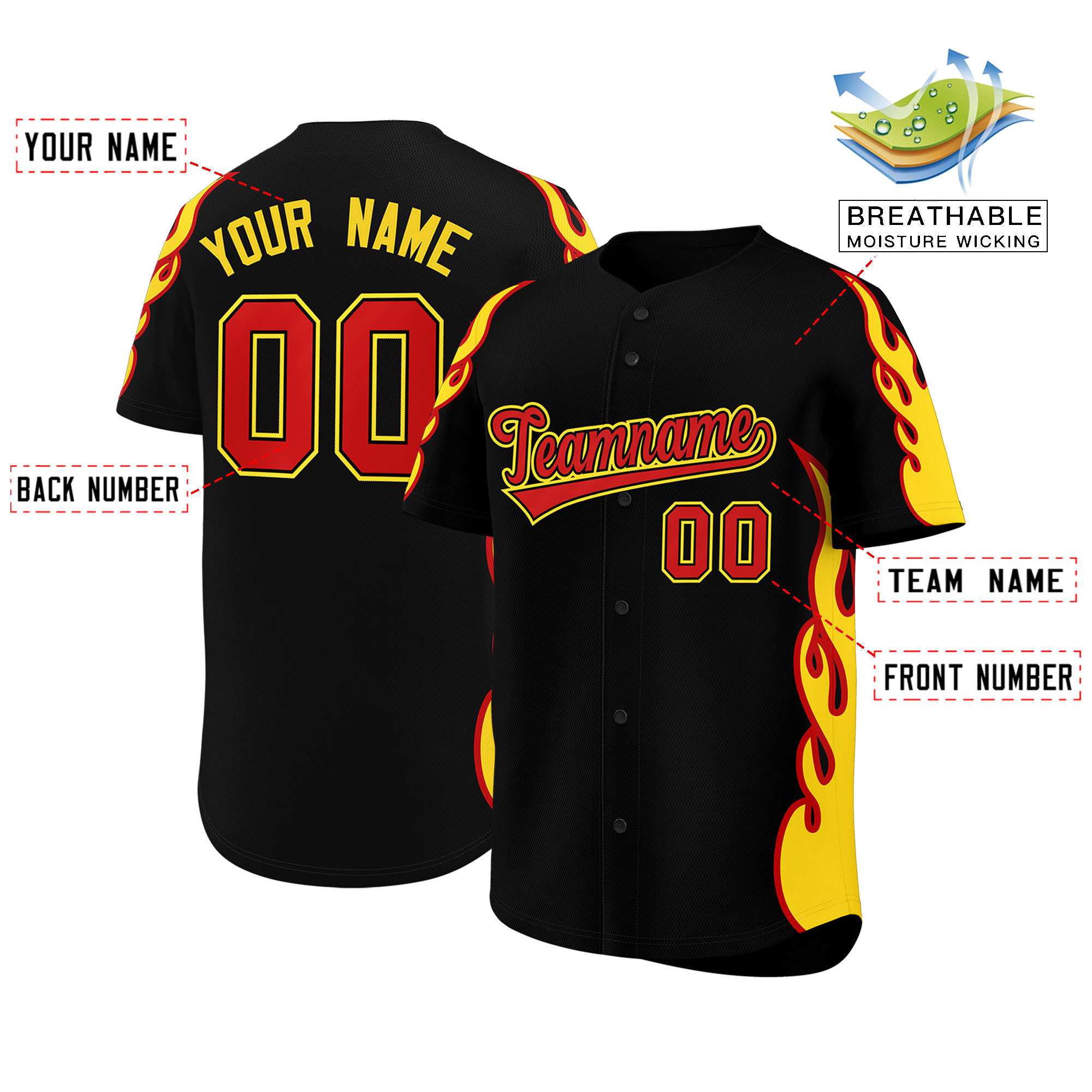 Benutzerdefiniertes Baseball-Trikot mit Seitenflammen-Umrissmuster für Sportuniformen