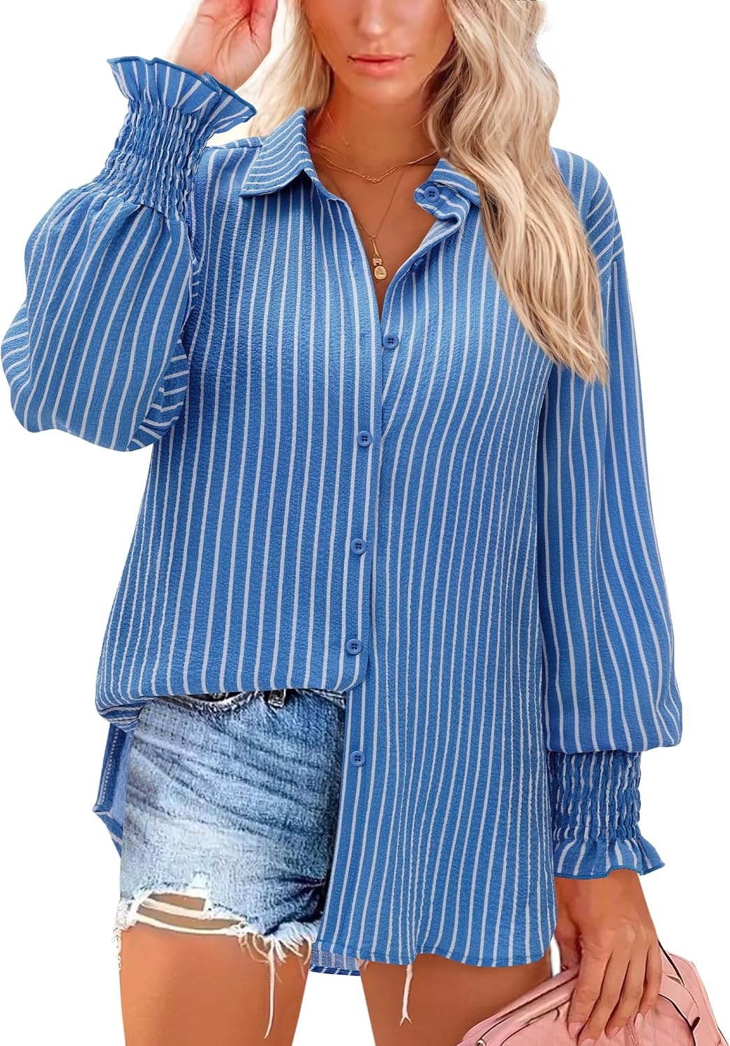 Button Down Striped Shirts for Women Smocked Cuffed Long Sleeve Oversized Boyfriend Blouses Collared Work Tops