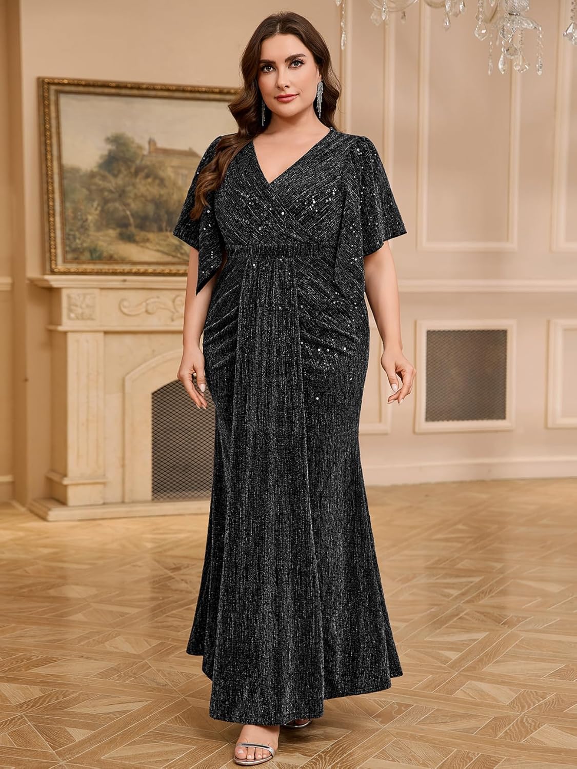 Plus Size Formal Gown Black Tie Dress Sequin Ruched Draped Sparkly Cocktail Wedding Prom Gala Evening Holiday