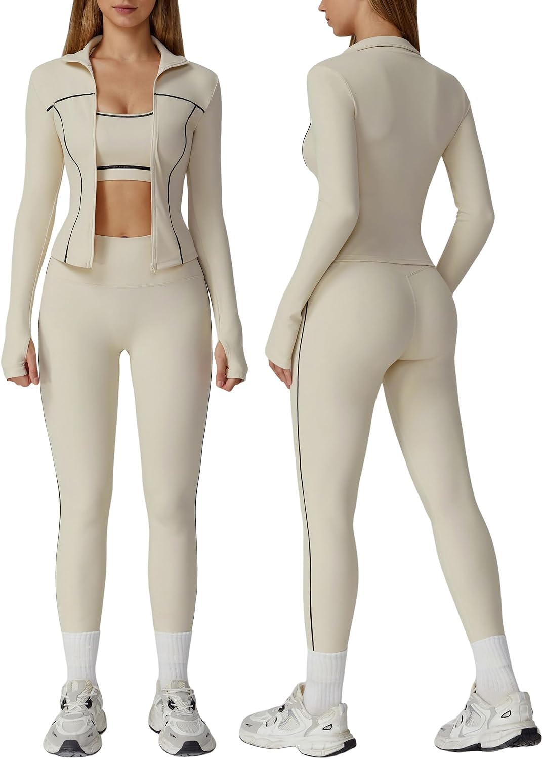 Women's 3 Piece Zip Jacket Bra Leggings Set Cream