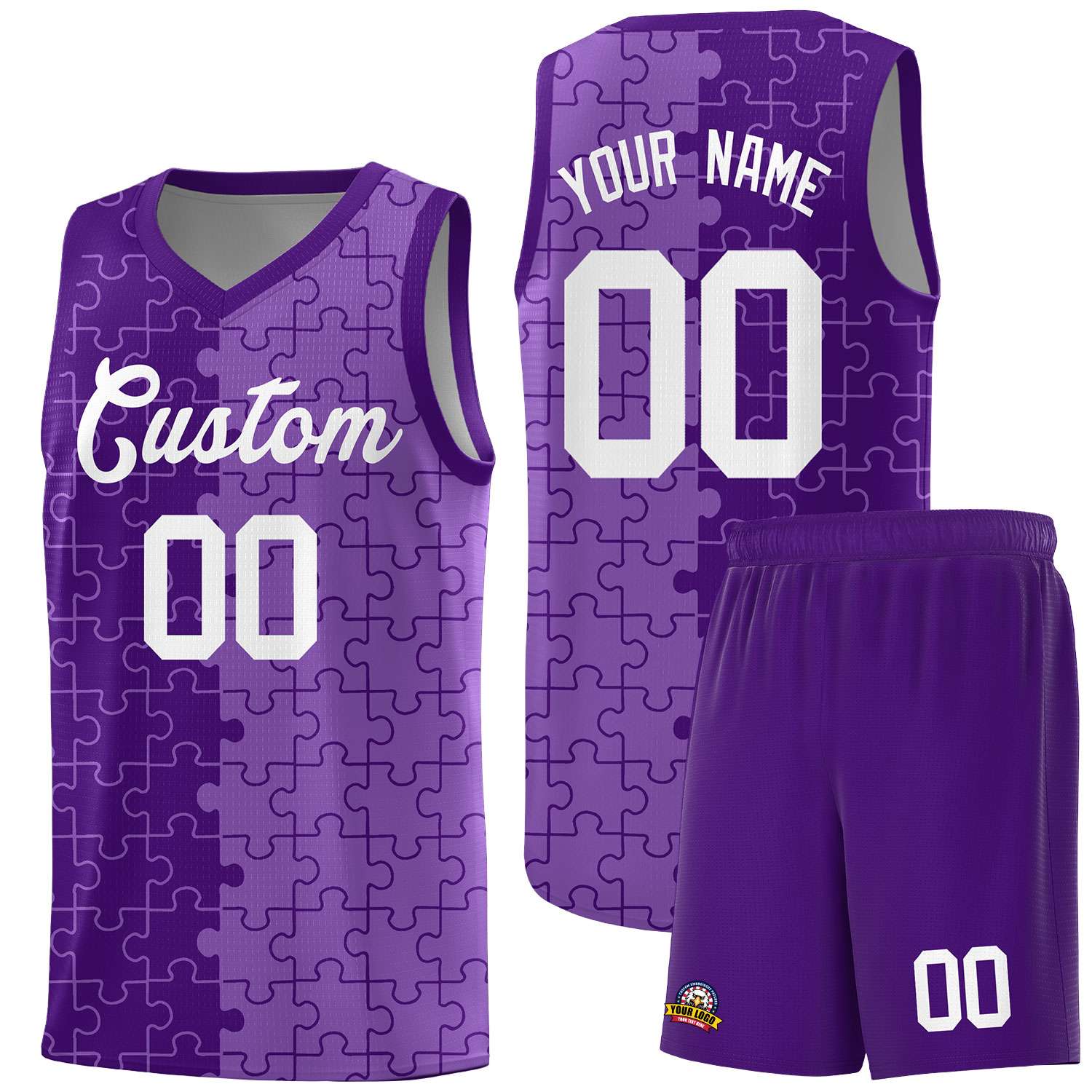 Benutzerdefinierte lila hellviolette Split-Basketball-Kits mit Puzzle-Muster