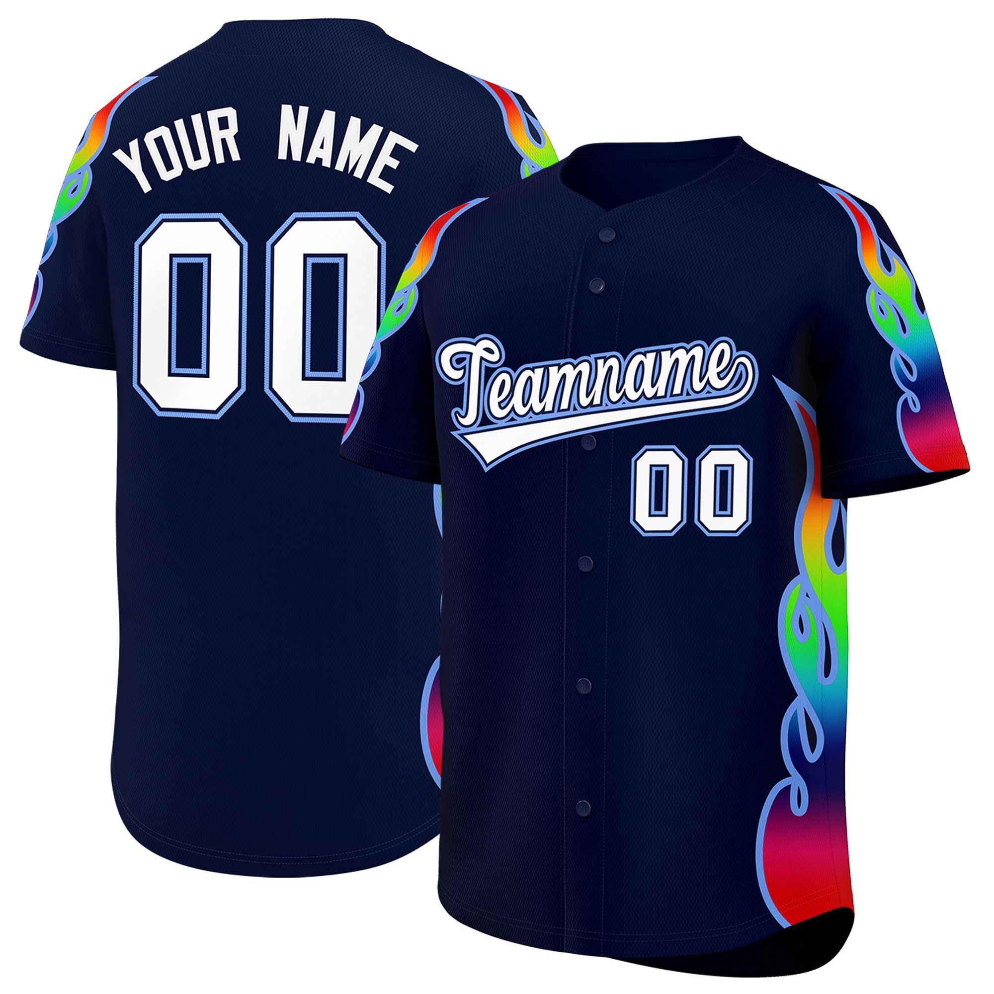 Benutzerdefiniertes Graffiti-Muster, personalisierter mehrfarbiger Flammendruck, authentisches Baseball-Trikot