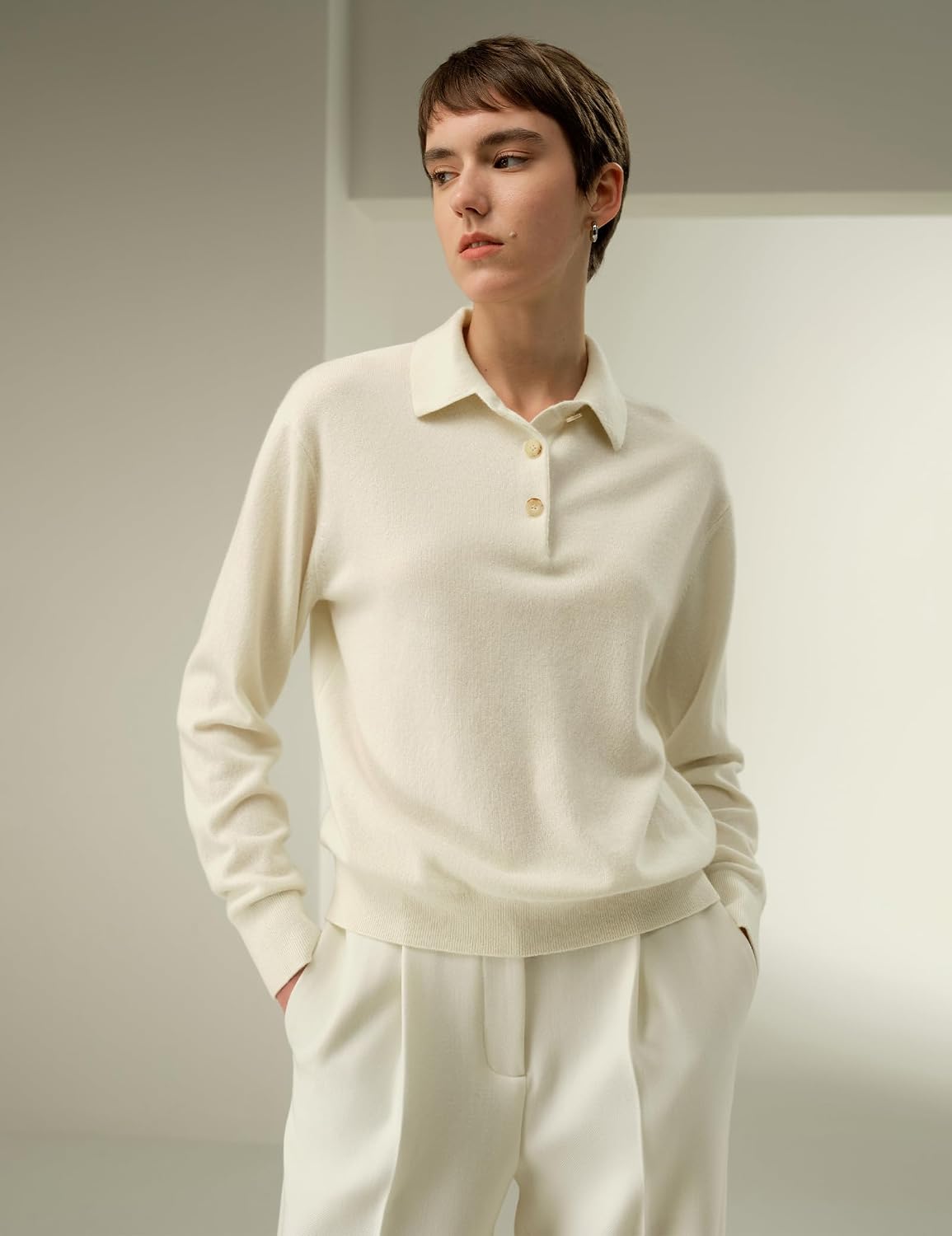 Women's Cream Long Sleeve Knit Polo Sweater