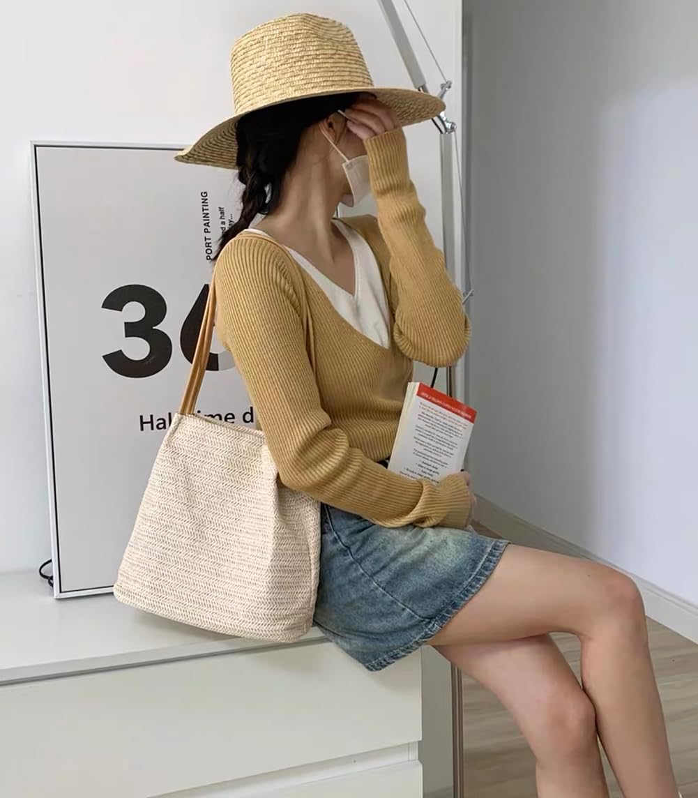 Women's Woven Straw Tote Bag Beige Herringbone