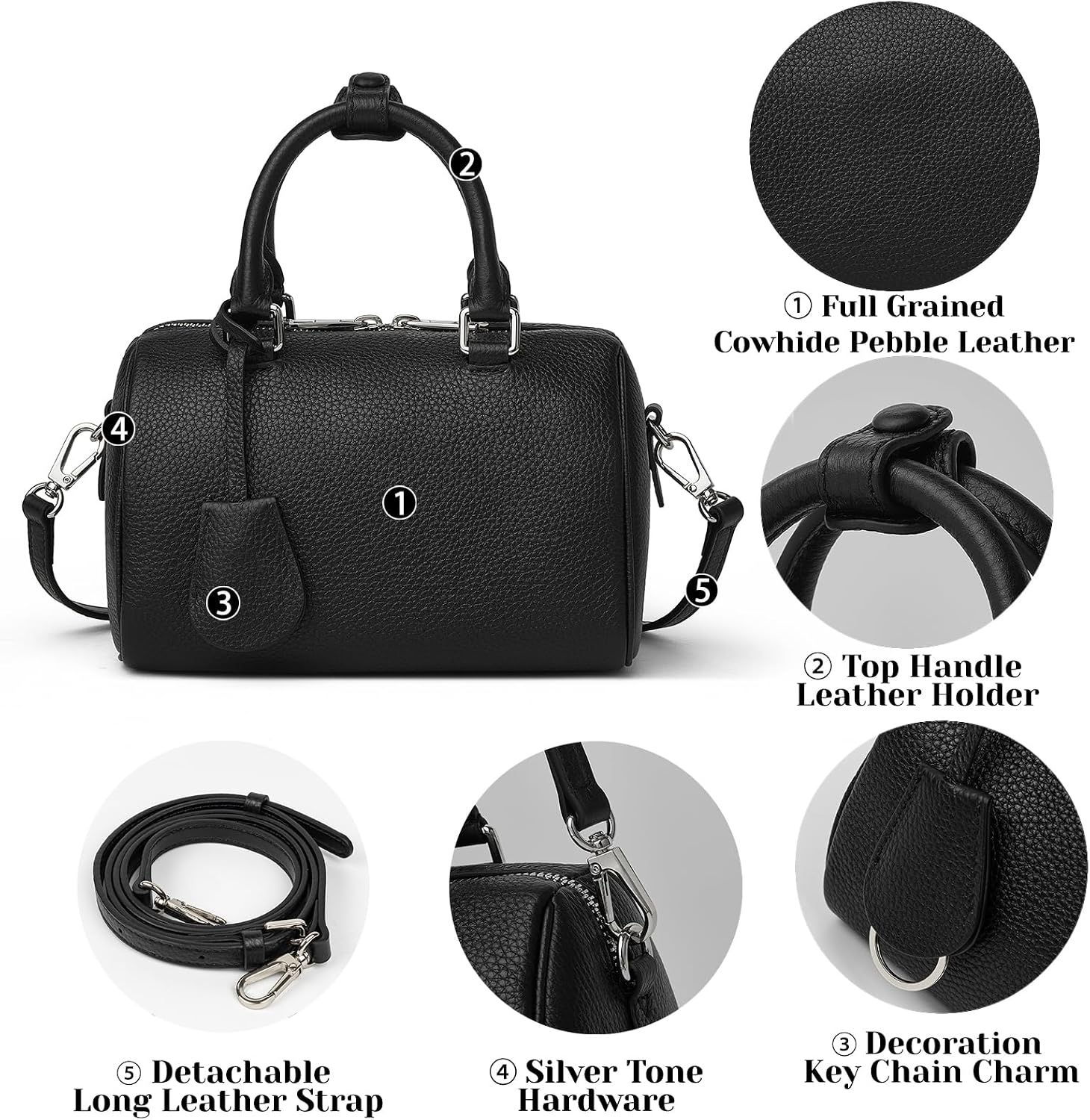Women's Pebbled Leather Boston Handbag with Tassel, Black