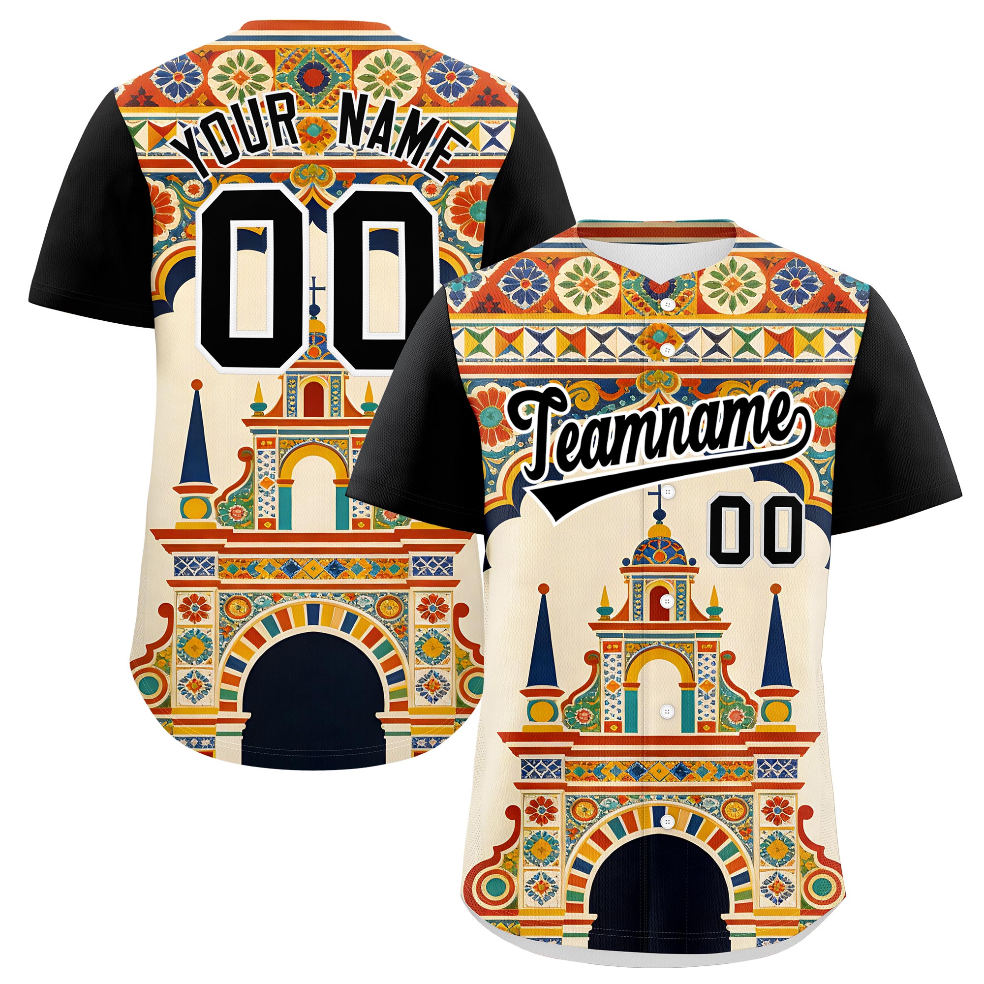 Benutzerdefiniertes Baseball-Trikot aus Stretchstoff mit Graffiti-Muster im mexikanischen Stil Benutzerdefiniertes Baseball-Trikot aus Stretchstoff mit Graffiti-Muster im mexikanischen Stil