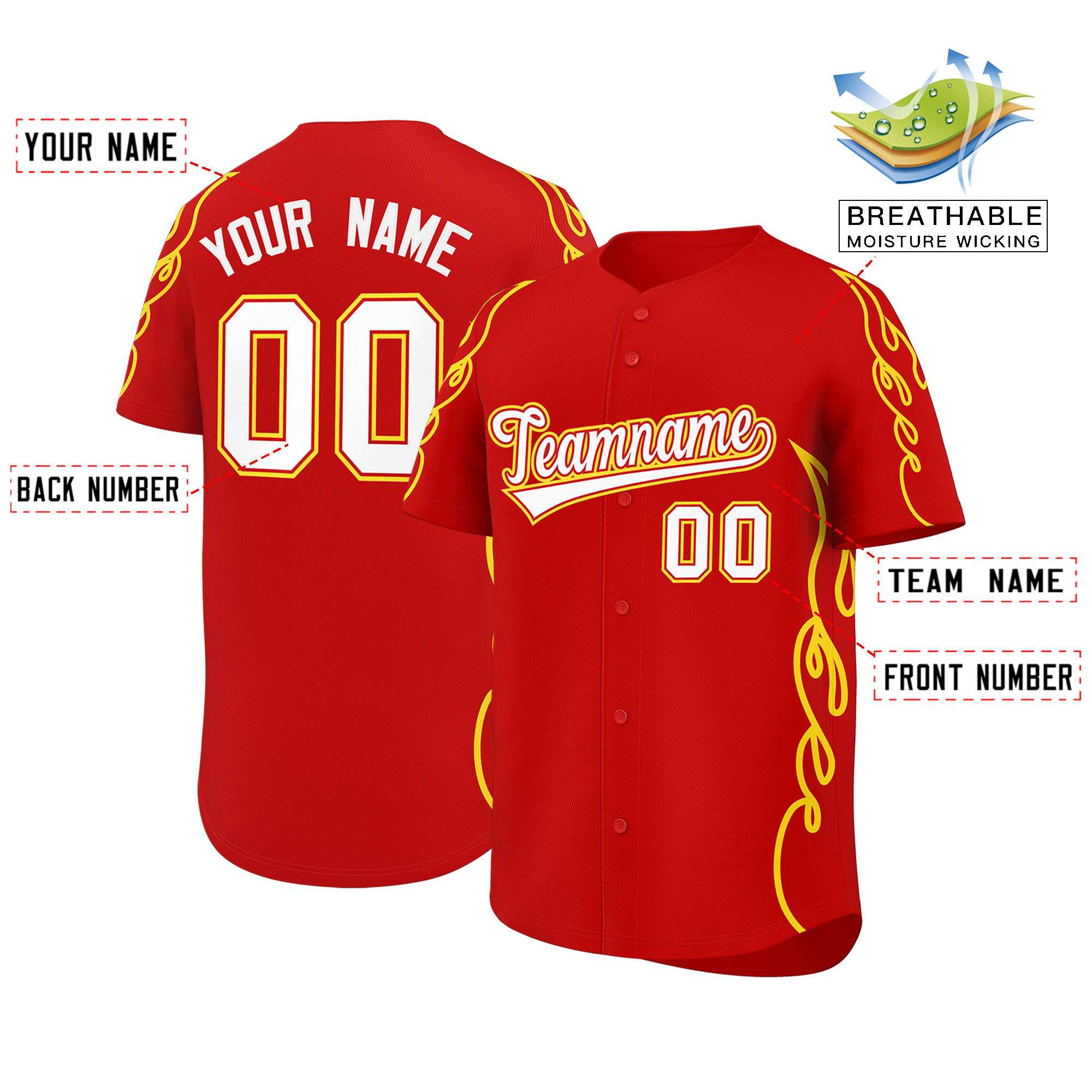 Benutzerdefiniertes Baseball-Trikot mit Seitenflammen-Umrissmuster für Sportuniformen