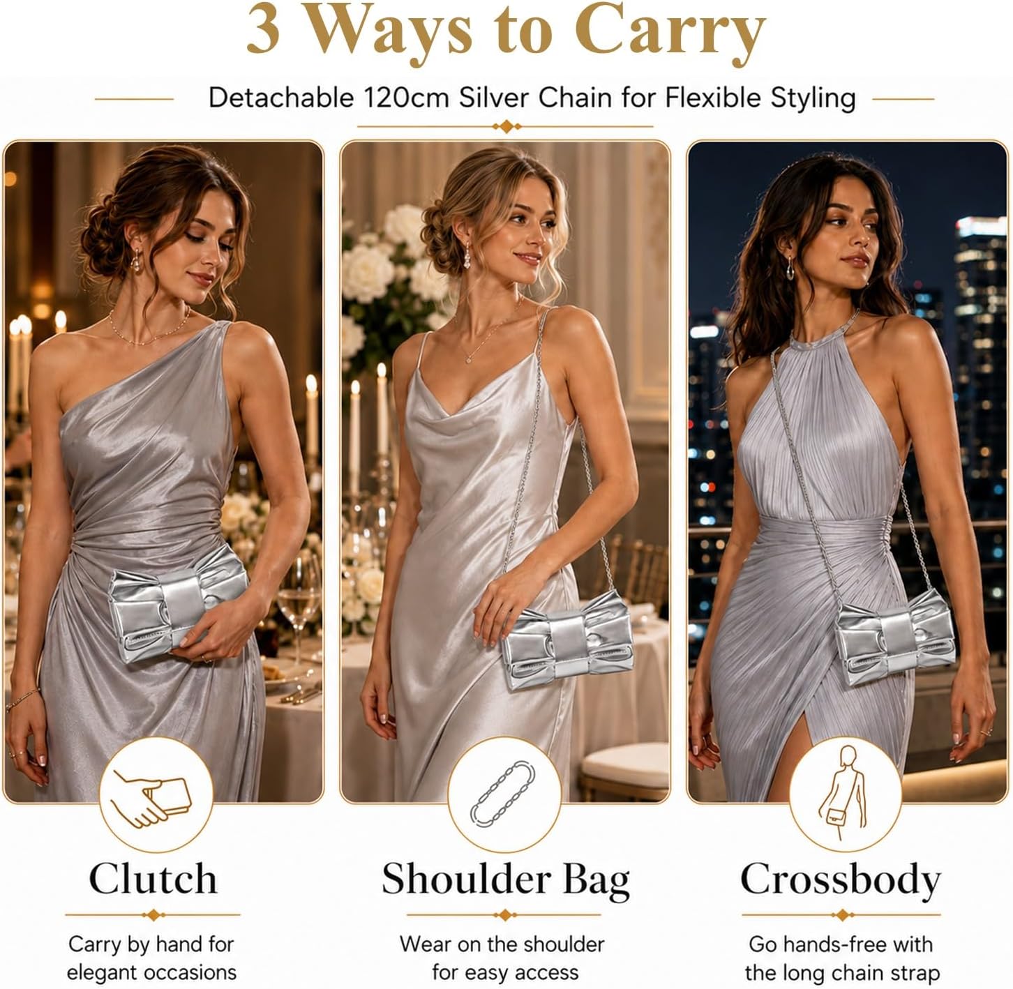 Women's Metallic Bow Clutch Silver Evening Bag with Chain Women's Metallic Bow Clutch Silver Evening Bag with Chain