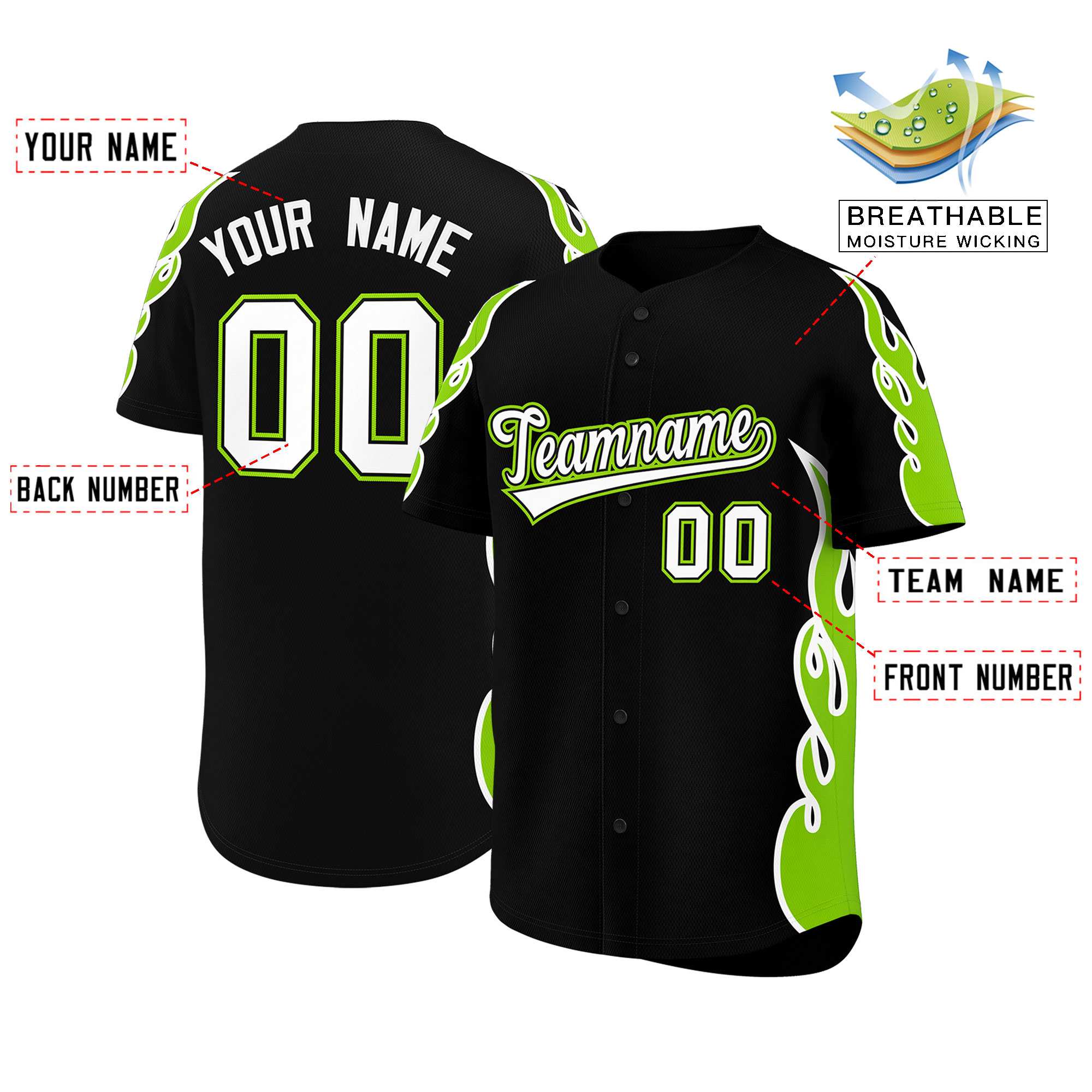 Benutzerdefiniertes Baseball-Trikot mit Seitenflammen-Umrissmuster für Sportuniformen