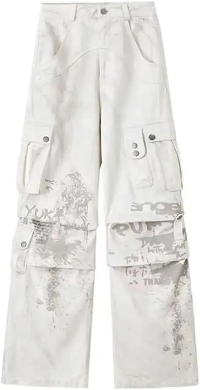 Women's Baggy Wide Leg Cargo Jeans White Graffiti
