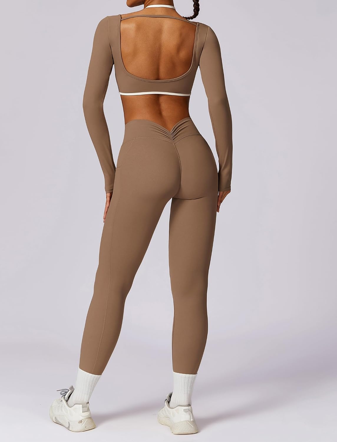 Women's Open Back Crop Top Leggings Set with Pocket
