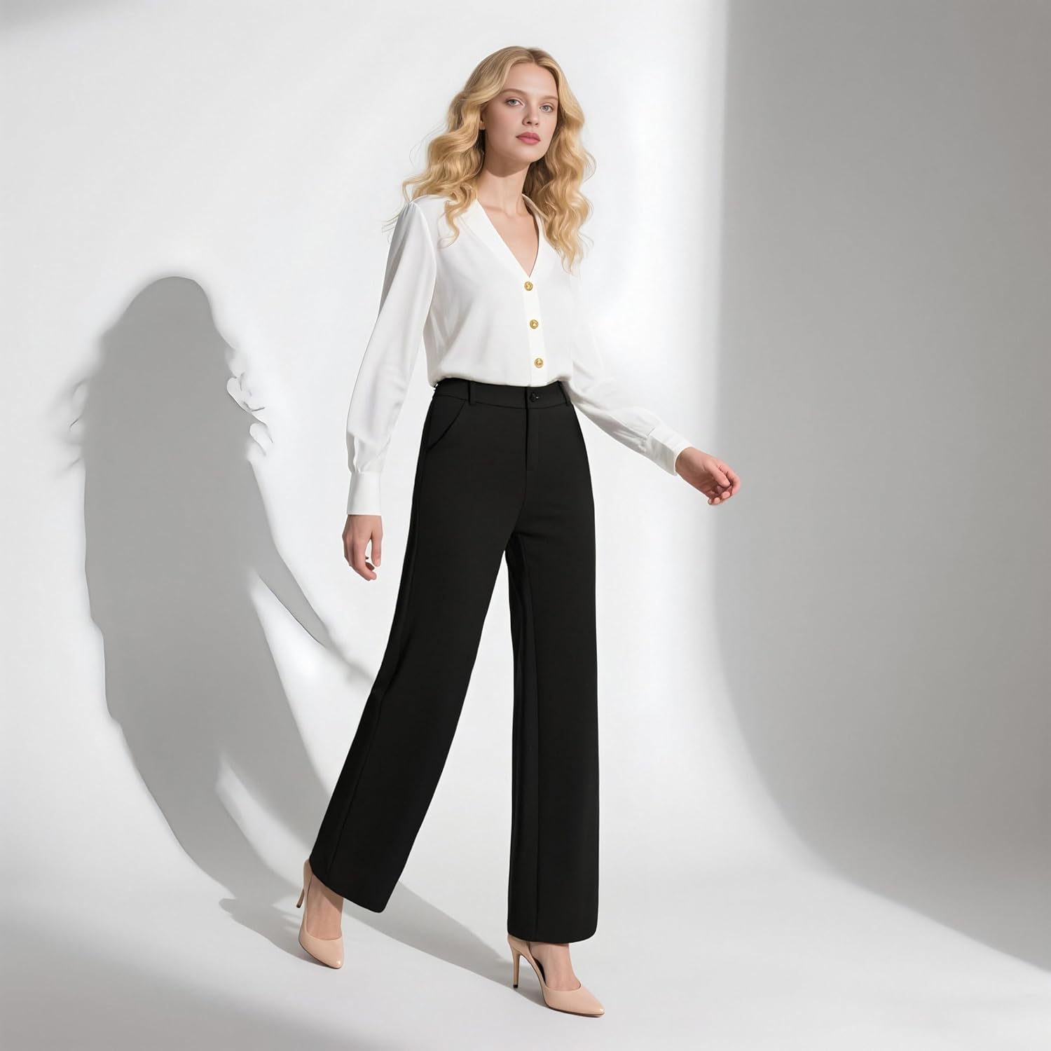 Womens High Waist Wide Straight Leg Trousers Casual Slacks Dress Pants with Pockets