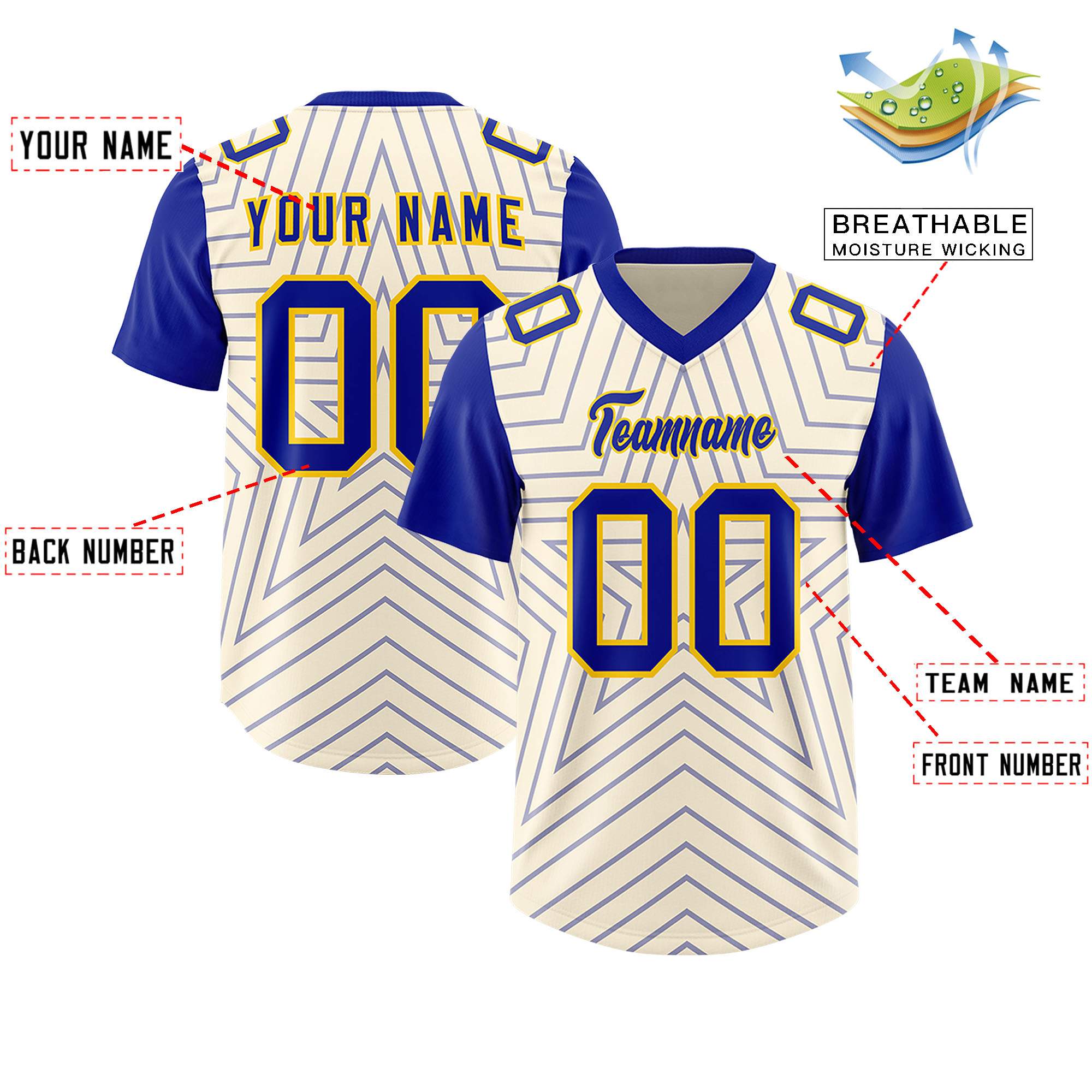 Individuell personalisiertes, authentisches Fußballtrikot mit Raglanärmeln und Sternenmuster