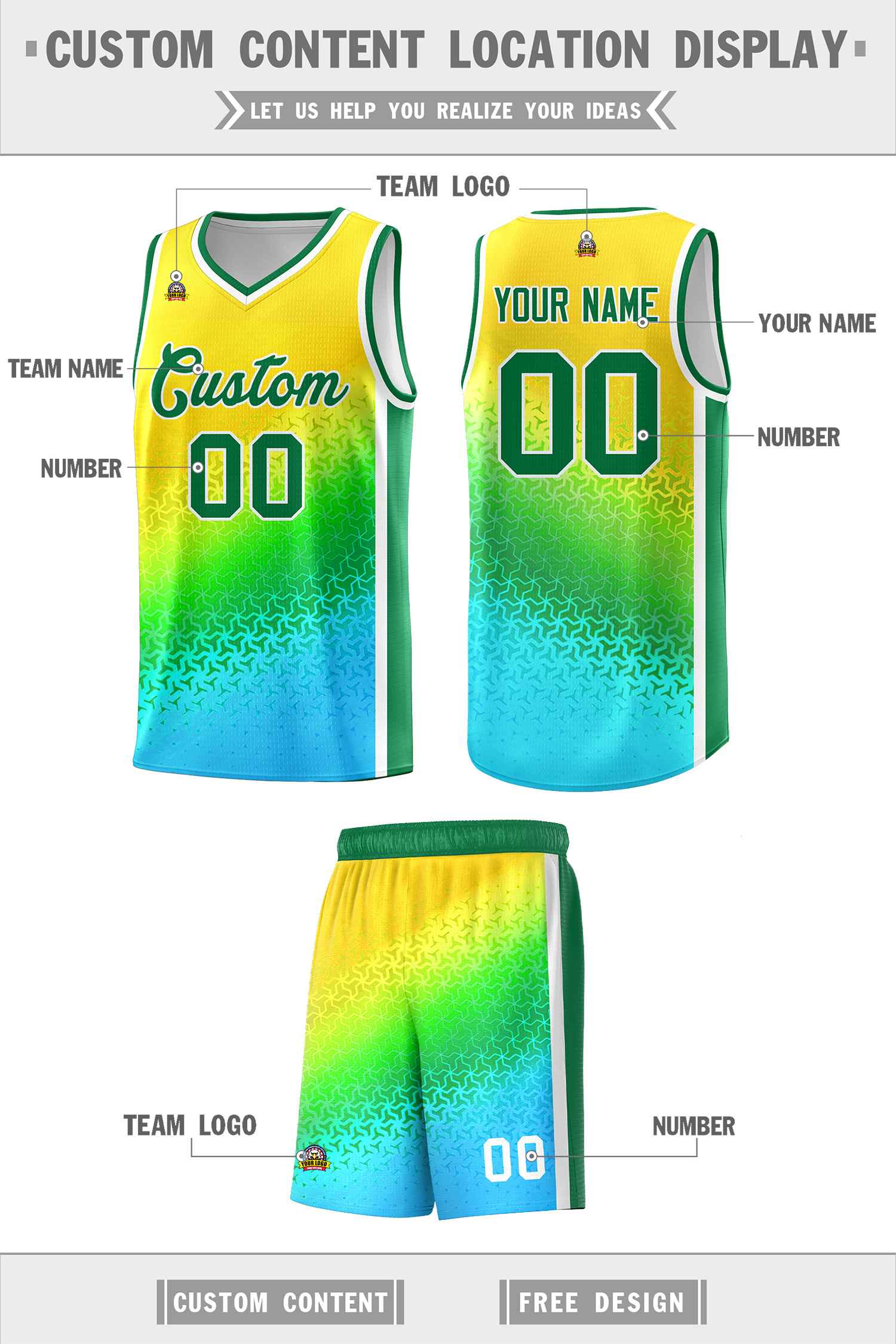 Benutzerdefiniertes Gold-Hellgrün-Himmelblau-Farbverlaufsdesign, unregelmäßige Formen, Muster, Sportuniform-Basketballtrikot