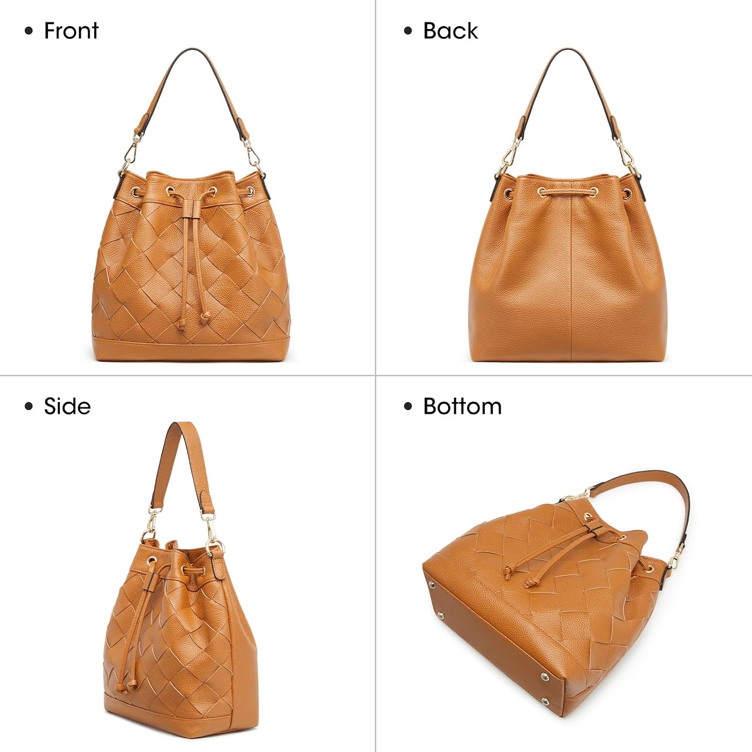 Women's Woven Leather Bucket Tote Bag Brown