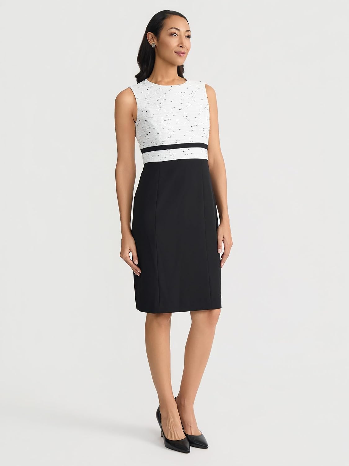 Women's Tweed Sheath Dress Sleeveless Black White Colorblock Women's Tweed Sheath Dress Sleeveless Black White Colorblock