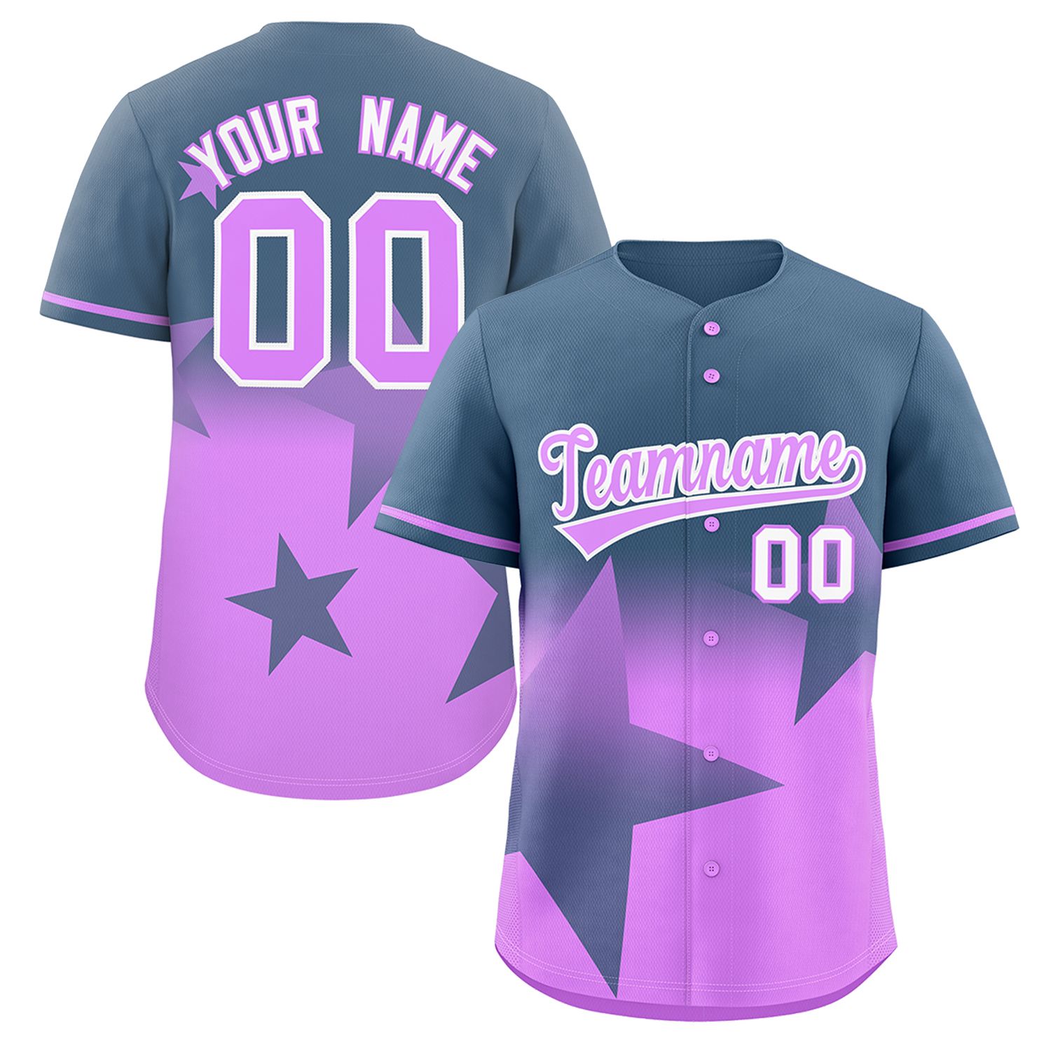 Benutzerdefiniertes authentisches Baseball-Trikot mit gräulich-blau-hellviolettem Farbverlauf-Stern-Graffiti-Muster