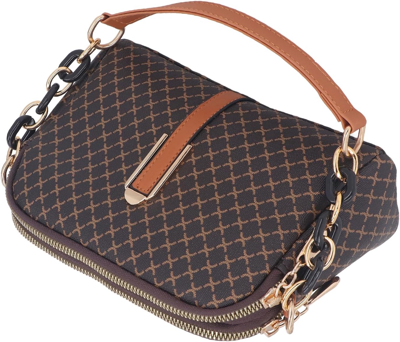 Women's Vintage Diamond Print Chain Shoulder Satchel Brown Women's Vintage Diamond Print Chain Shoulder Satchel Brown