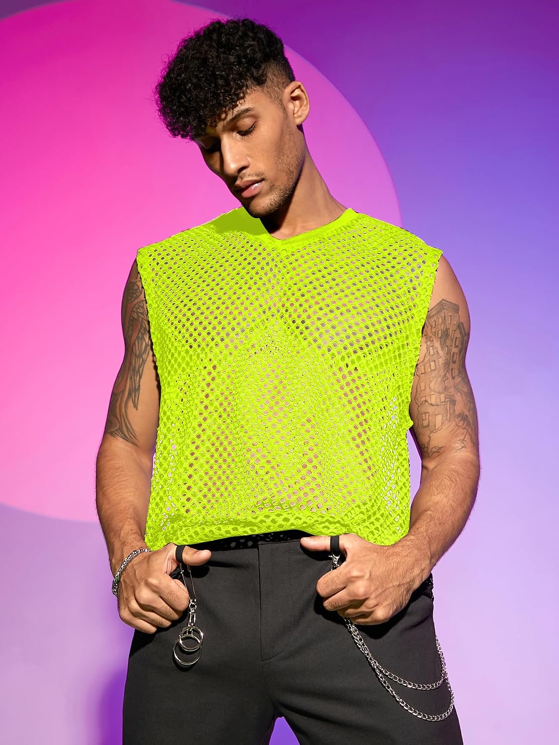 Men's Crochet Hollow Out Tank Top Neon Green