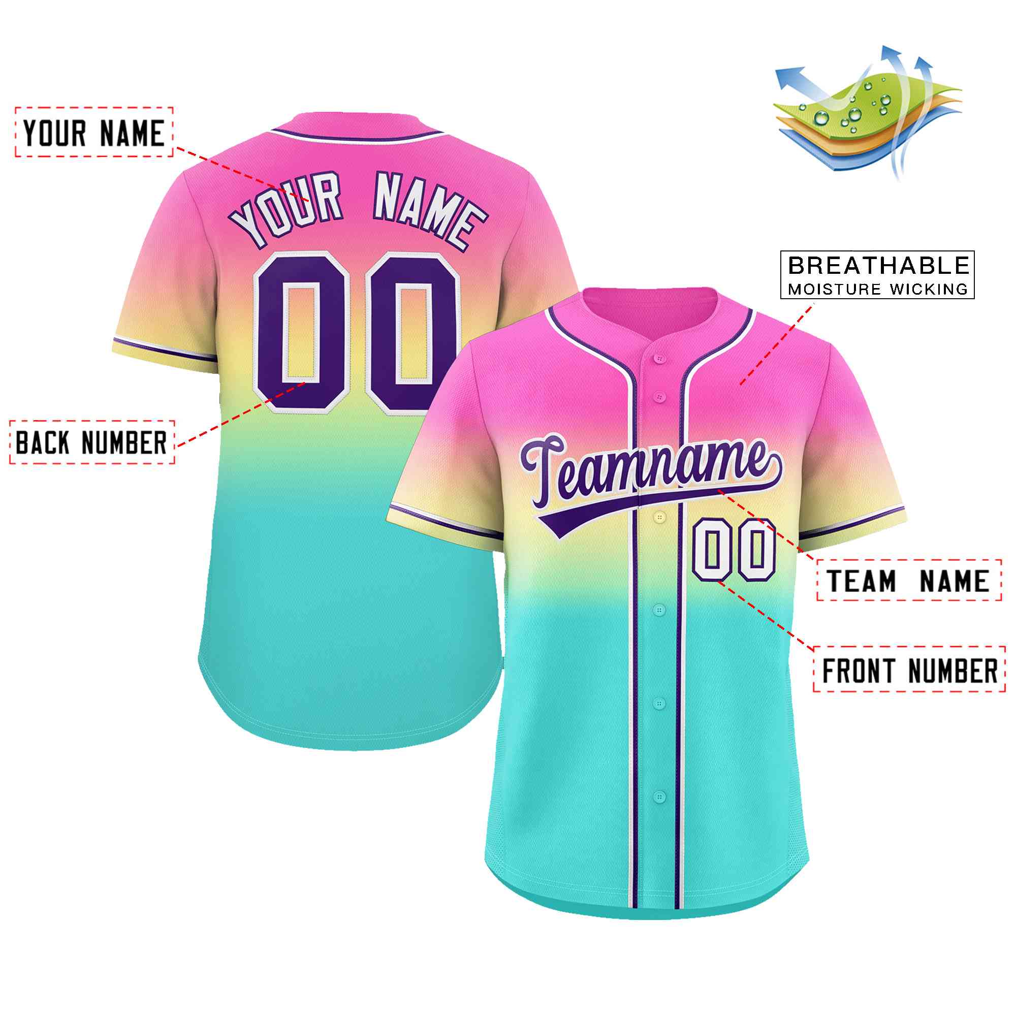 Benutzerdefiniertes, modisches, authentisches Baseball-Trikot in Rosa, Aqua, Lila und Weiß mit Farbverlauf Benutzerdefiniertes, modisches, authentisches Baseball-Trikot in Rosa, Aqua, Lila und Weiß mit Farbverlauf