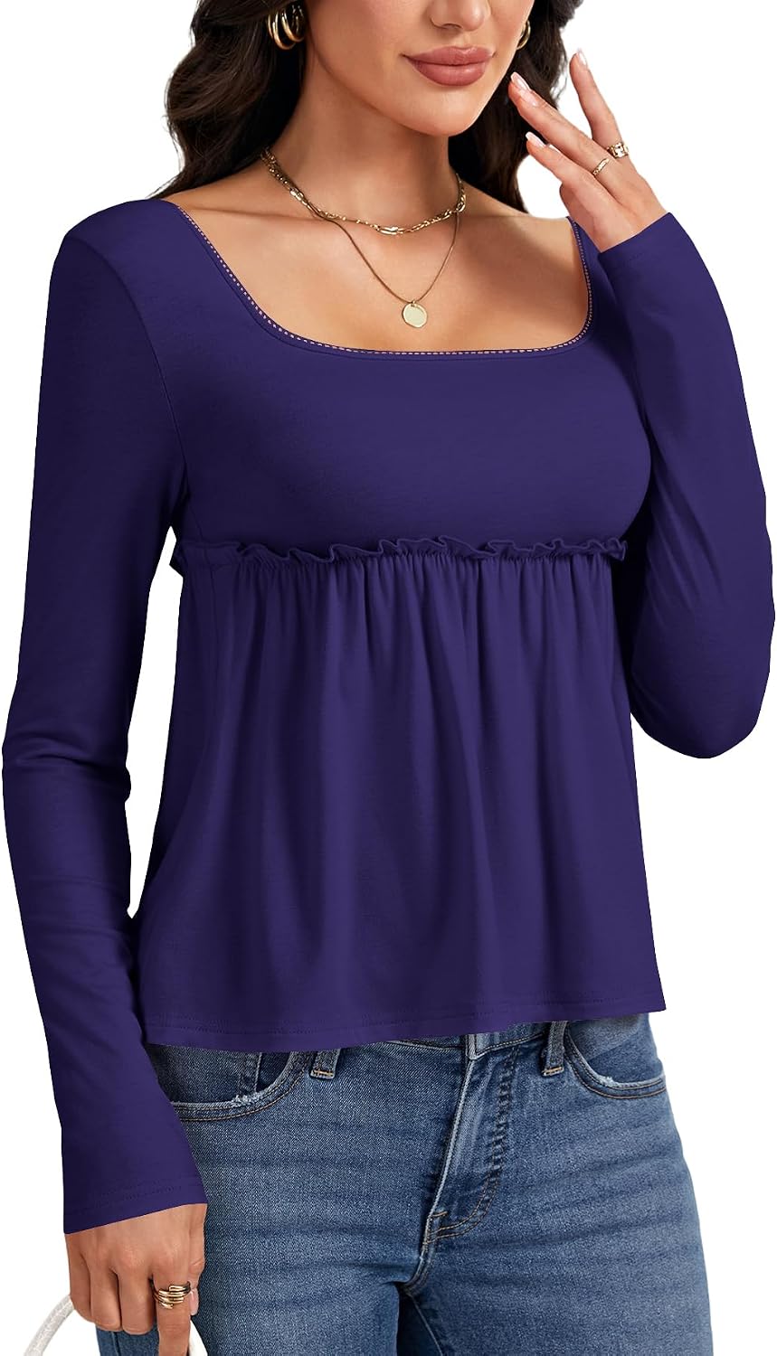 Women's Square Neck Long Sleeve Peplum Top Purple