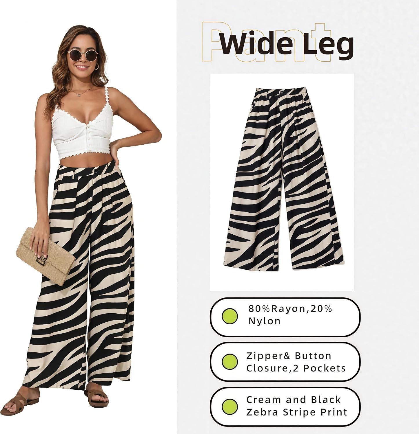 Women Elastic Waist Palazzo Wide Leg Zipper and Button Dress Pant with Pockets for Office Vocation