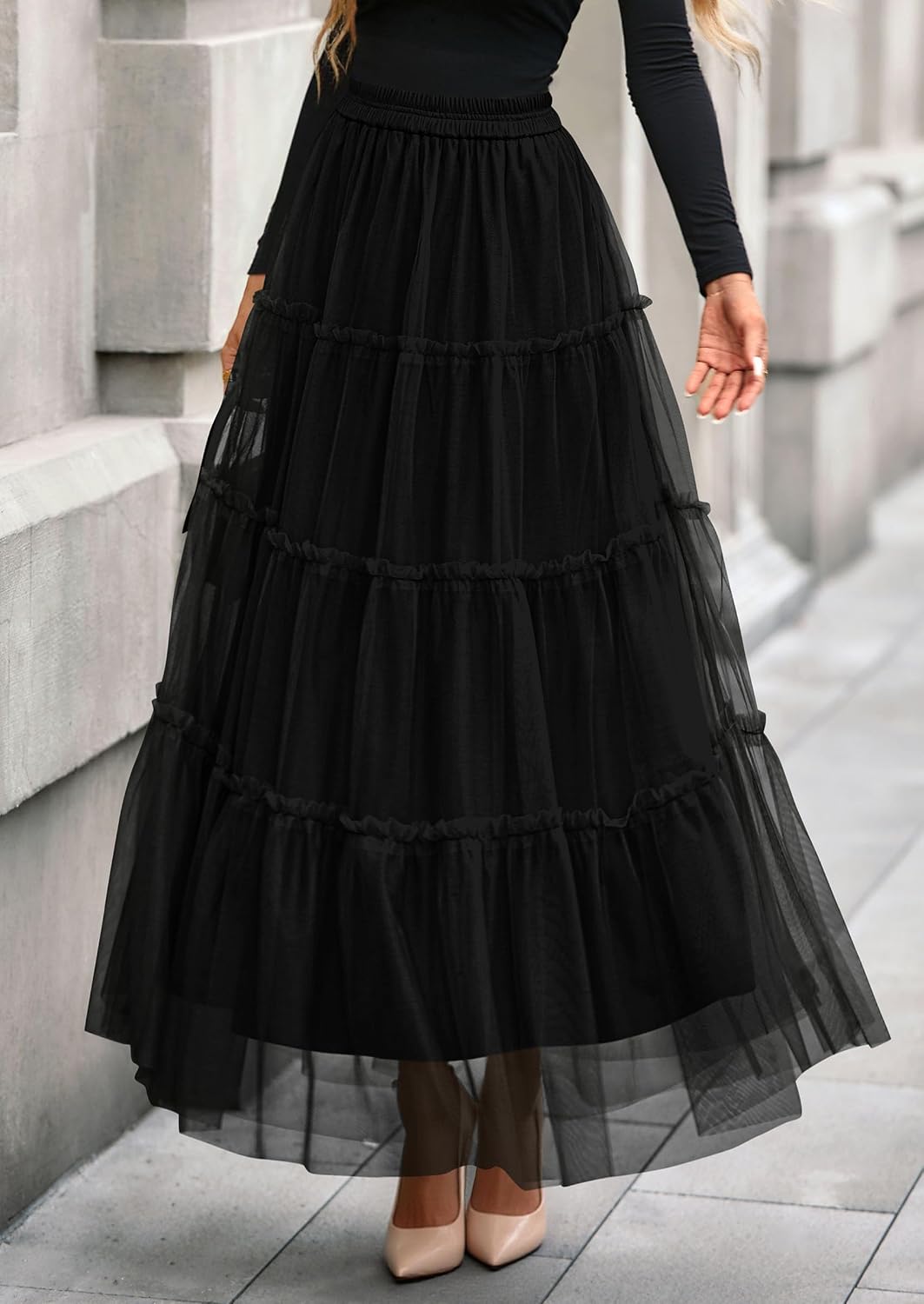 Women's Tulle Tiered Maxi Skirt Elastic Waist Black