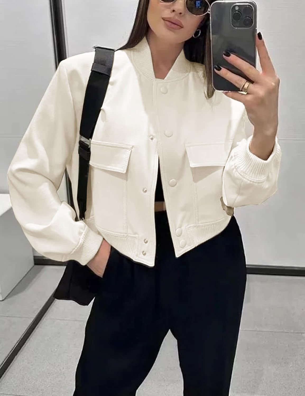 Womens Cropped Bomber Jacket Button Down Varsity Jackets Shackets with Pockets Womens Cropped Bomber Jacket Button Down Varsity Jackets Shackets with Pockets