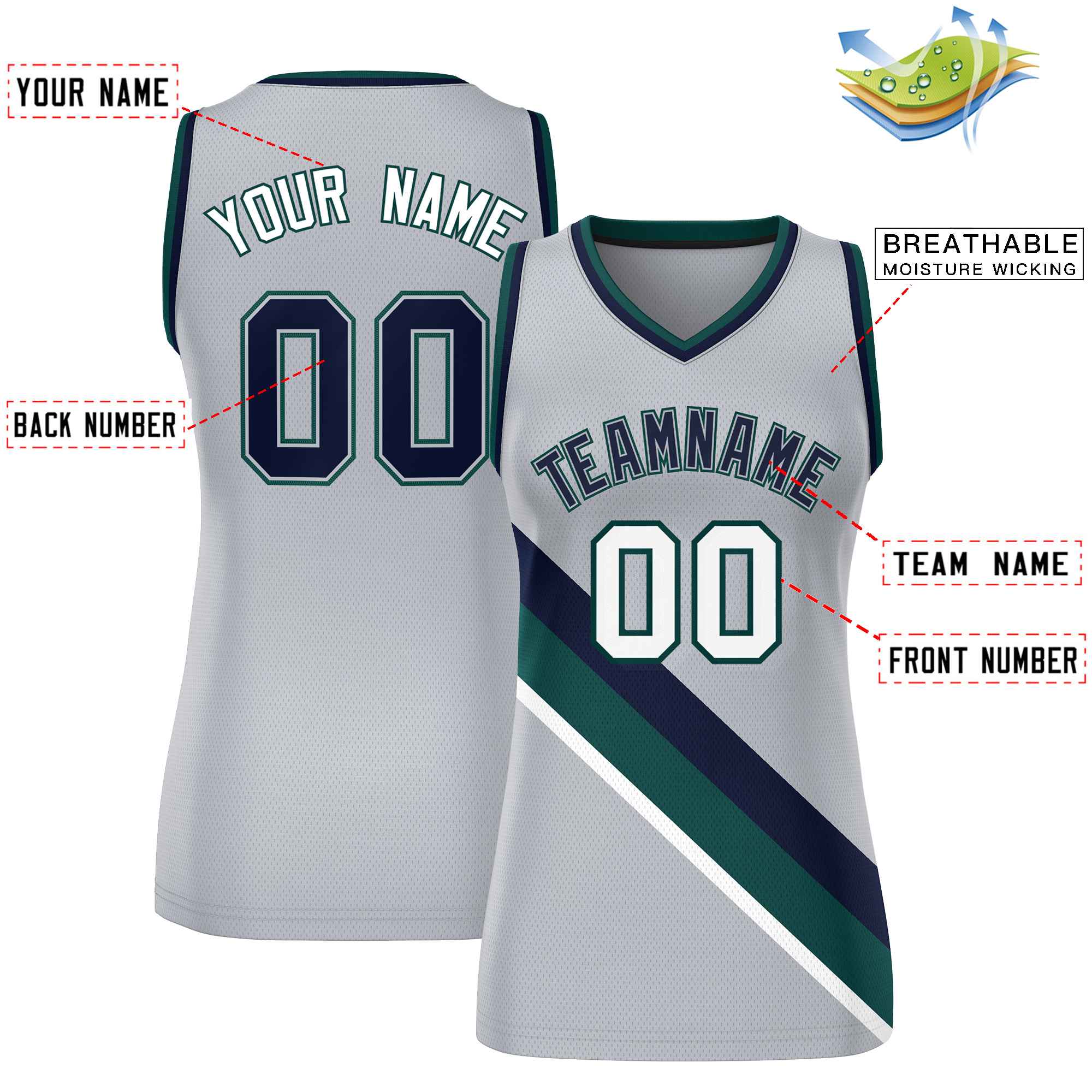 Maßgeschneidertes hellgraues, marineblaues und mitternachtsgrünes, dickes Slash Fashion Tops Mesh-Basketballtrikot für Damen