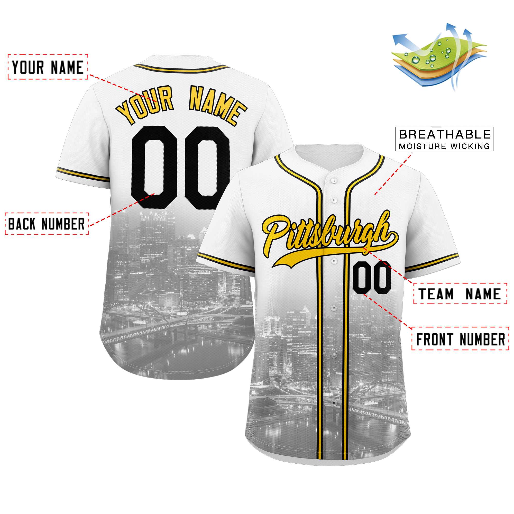 Benutzerdefiniertes Pittsburgh City Skyline Baseball-Trikot Benutzerdefiniertes Pittsburgh City Skyline Baseball-Trikot