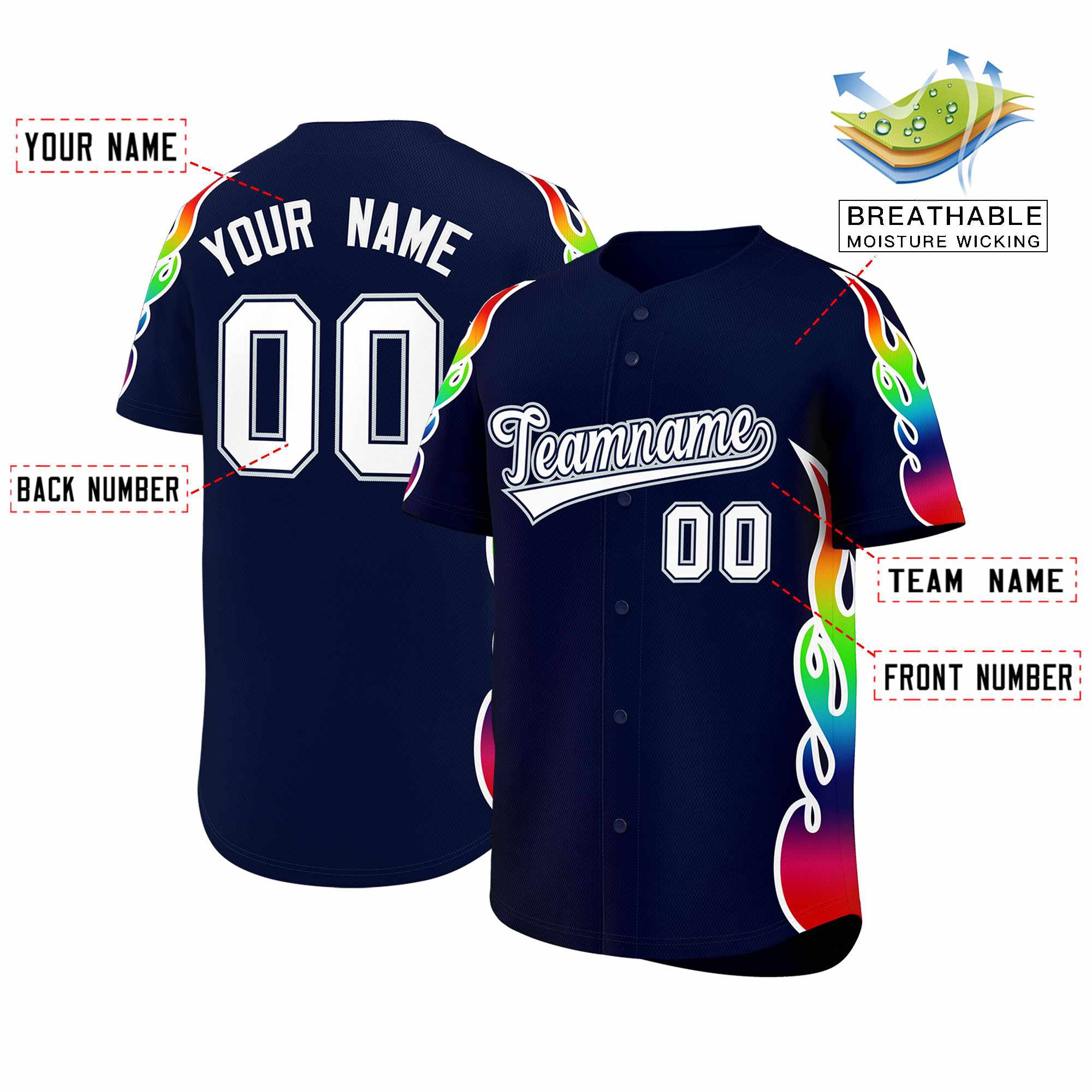Benutzerdefiniertes Graffiti-Muster, personalisierter mehrfarbiger Flammendruck, authentisches Baseball-Trikot