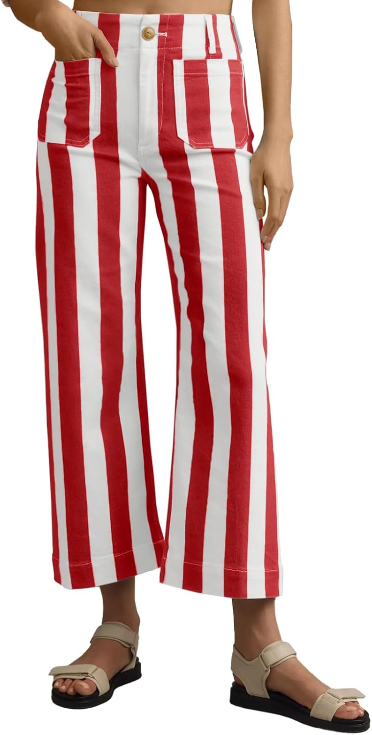Women's Striped Wide Leg Crop Jeans Red White