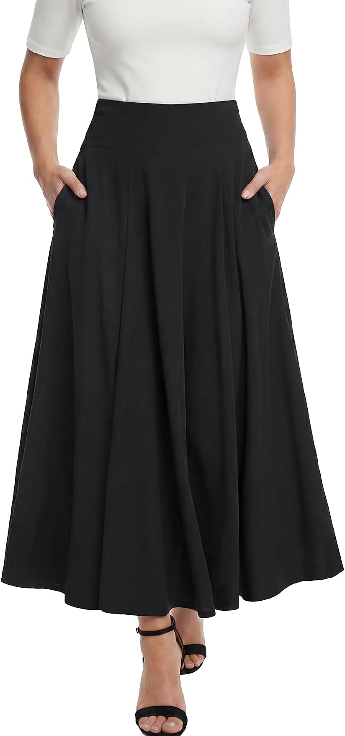 Women's High Waist Maxi Skirts Pleated A Line Flared Flowy Elastic Long Skirt with Pockets