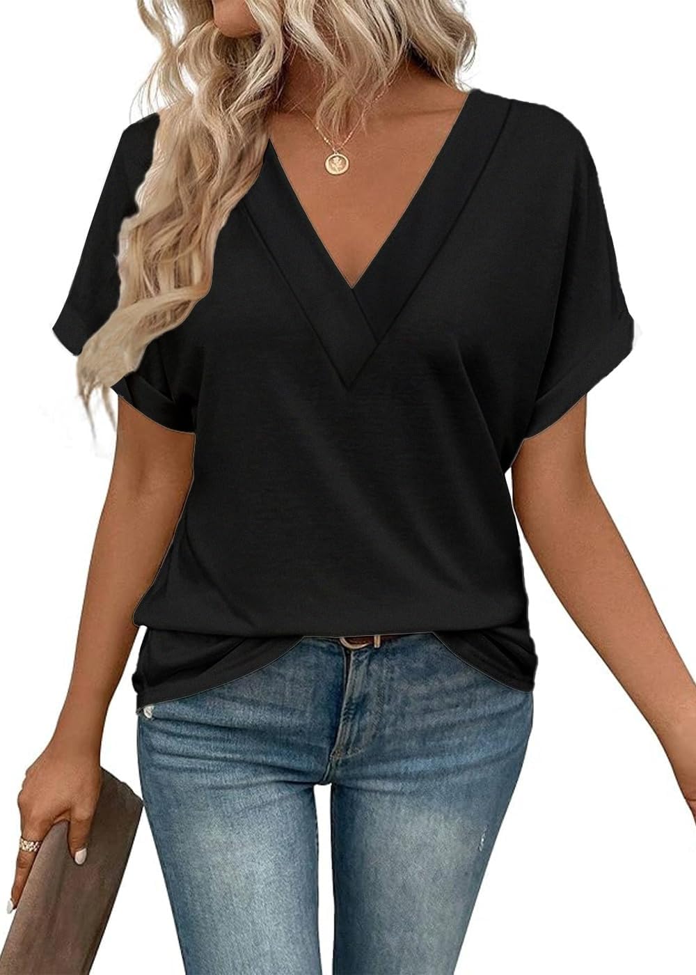 Women's Rolled Short Sleeve V Neck T-Shirt Black