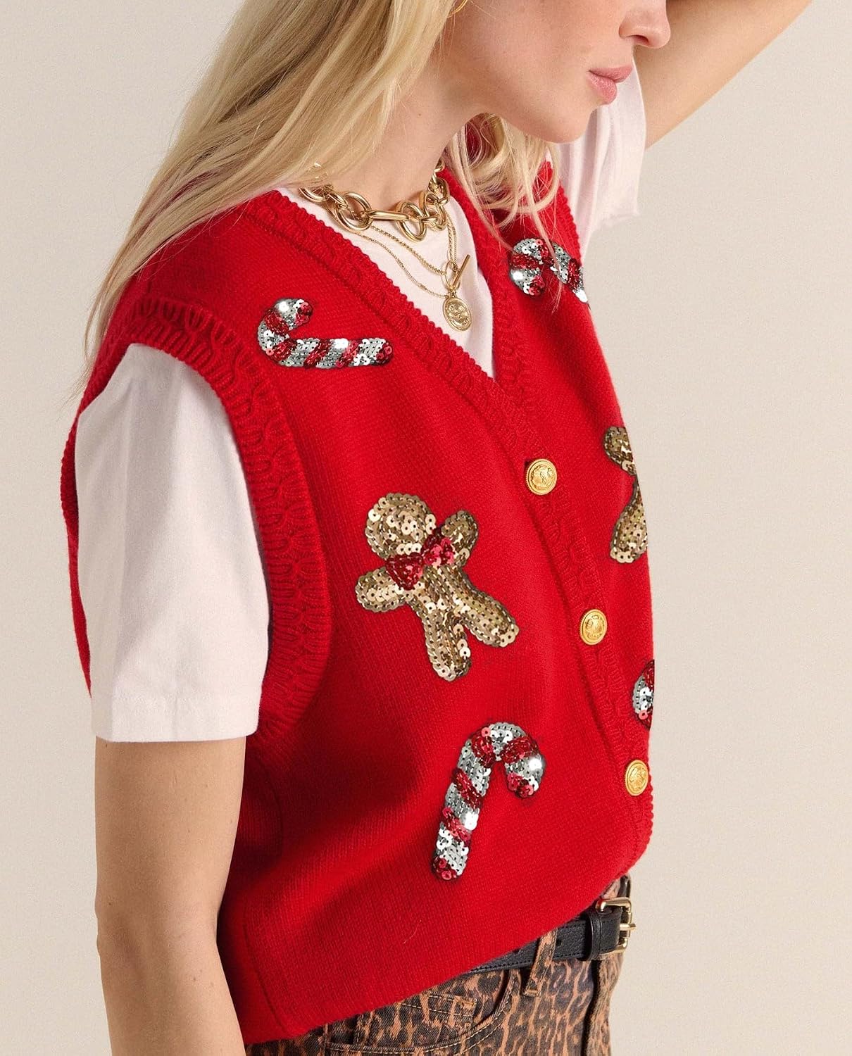 Women's Sequin Gingerbread V Neck Sweater Vest
