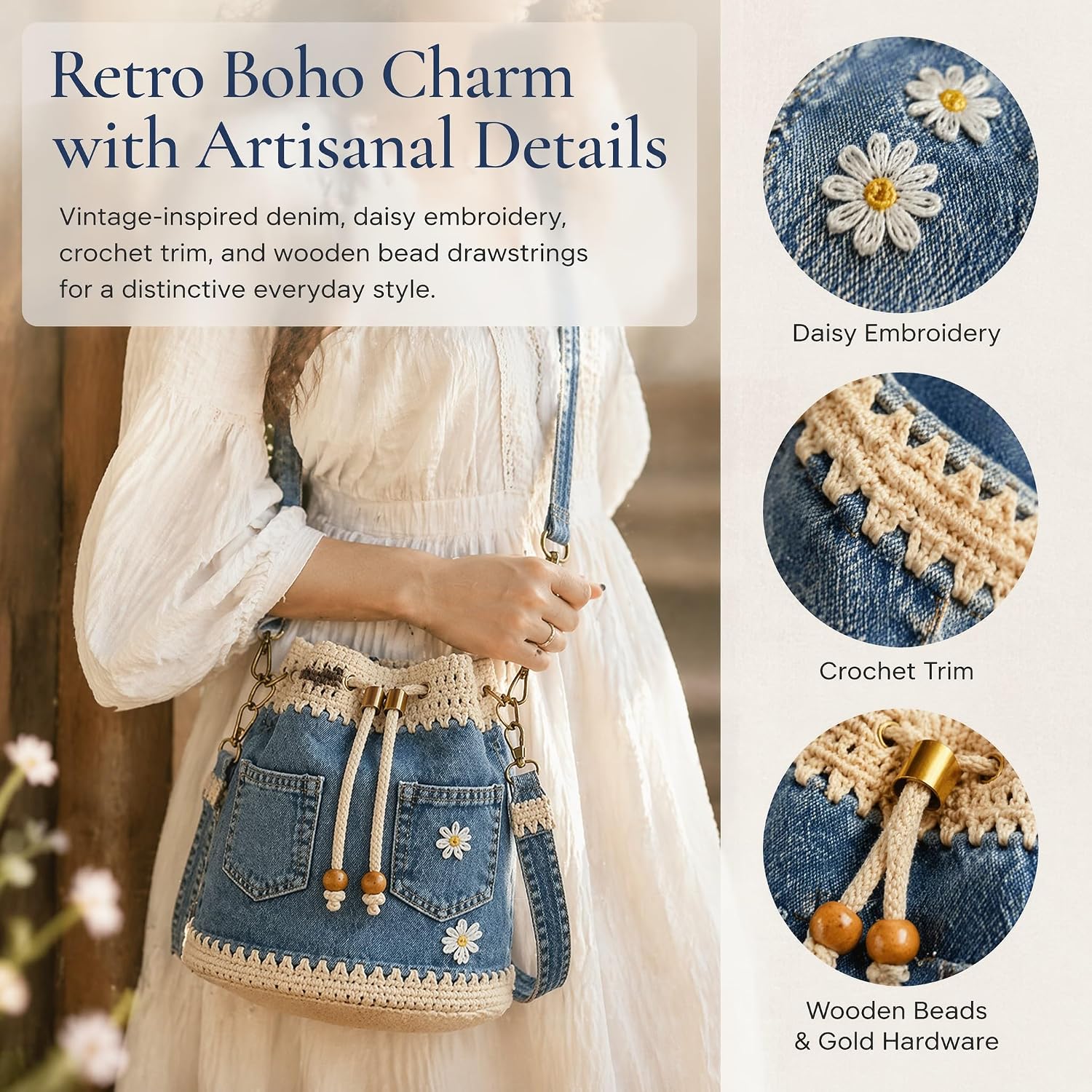Women's Denim Crochet Bucket Tote Bag Blue Women's Denim Crochet Bucket Tote Bag Blue