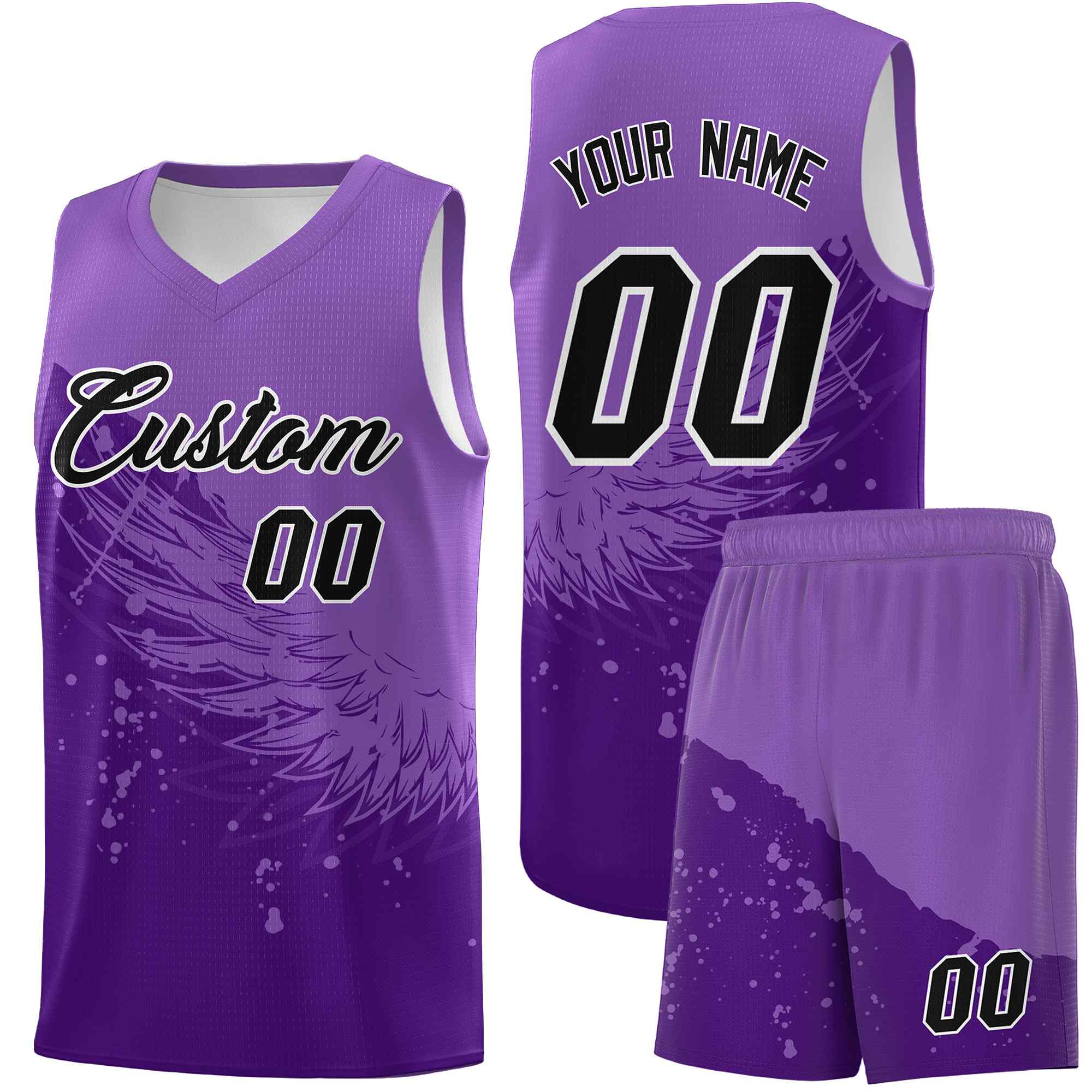 Benutzerdefiniertes lila hellviolettes Flügelmuster-Sportuniform-Basketballtrikot