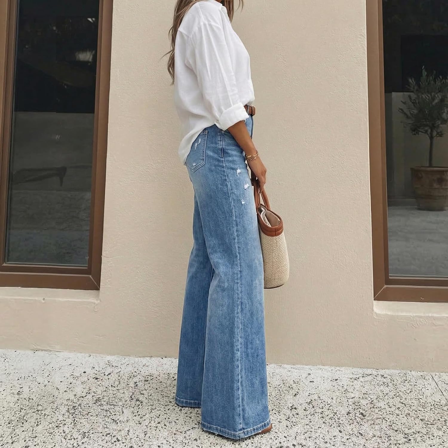 Women's High Waisted Wide Leg Jeans Light Wash Distressed